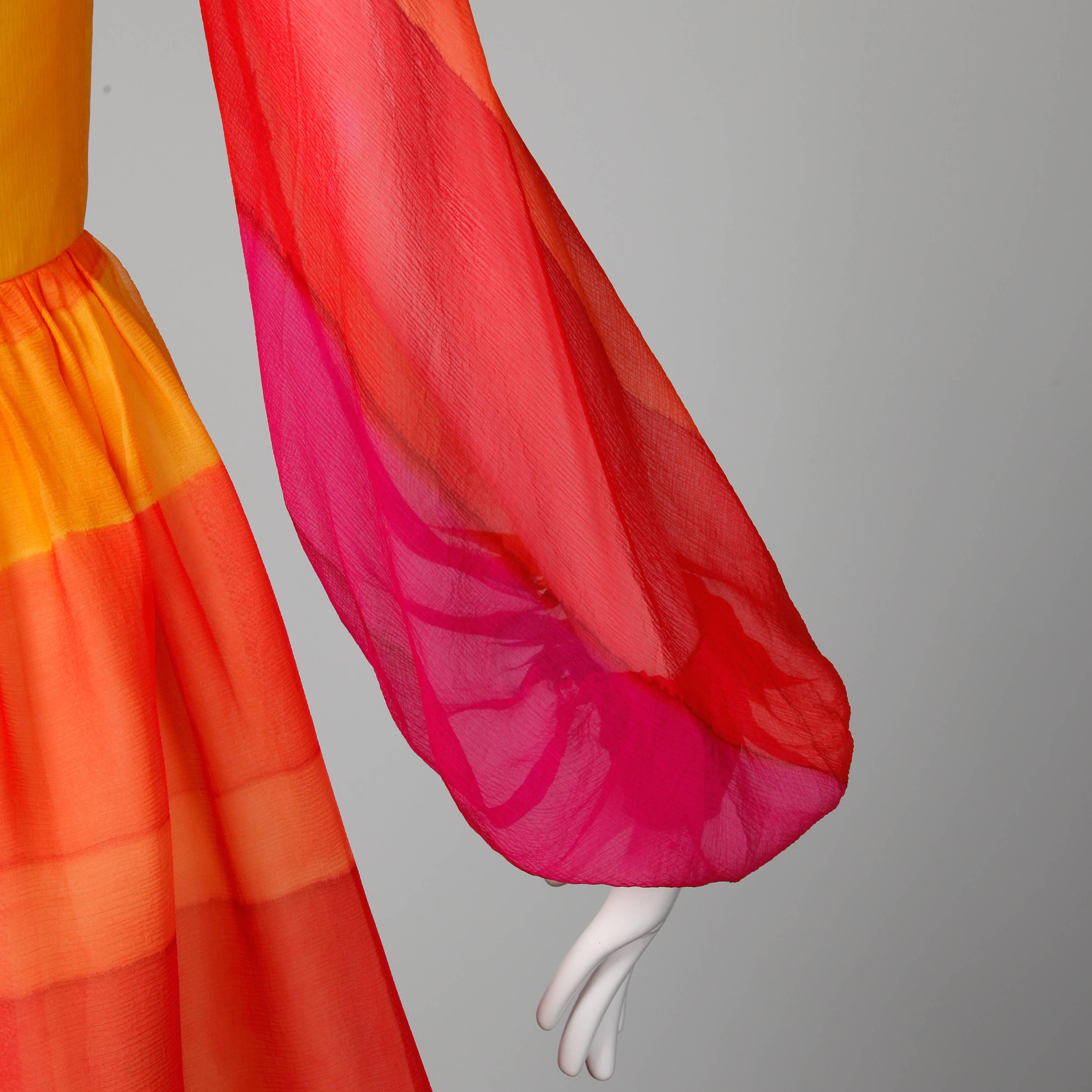 1960s Kiki Hart Vintage Bright Rainbow Dyed Color Block Silk Chiffon Dress 1