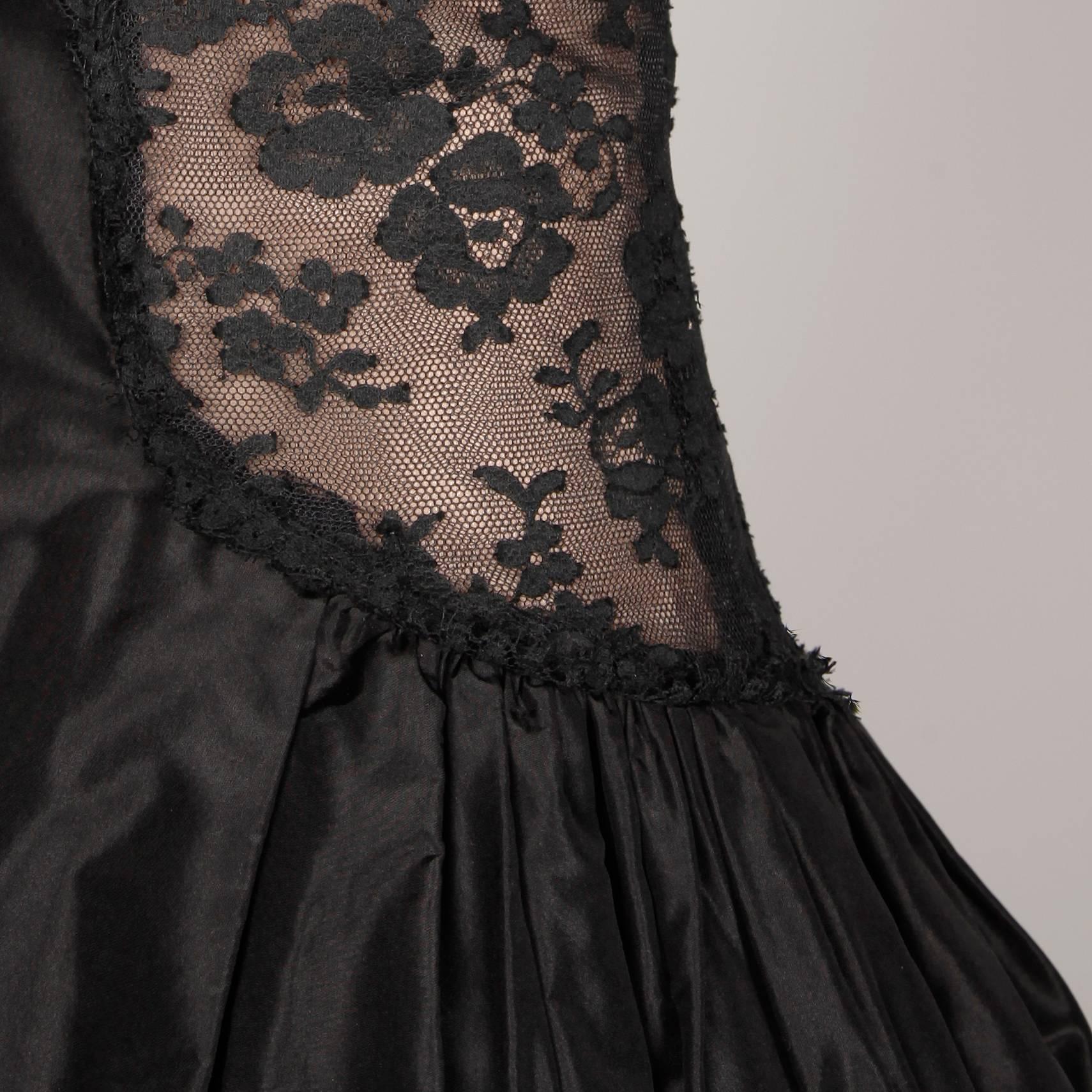 1990s Arnold Scaasi Vintage Black Silk Nude Illusion Chantilly Lace Dress 3