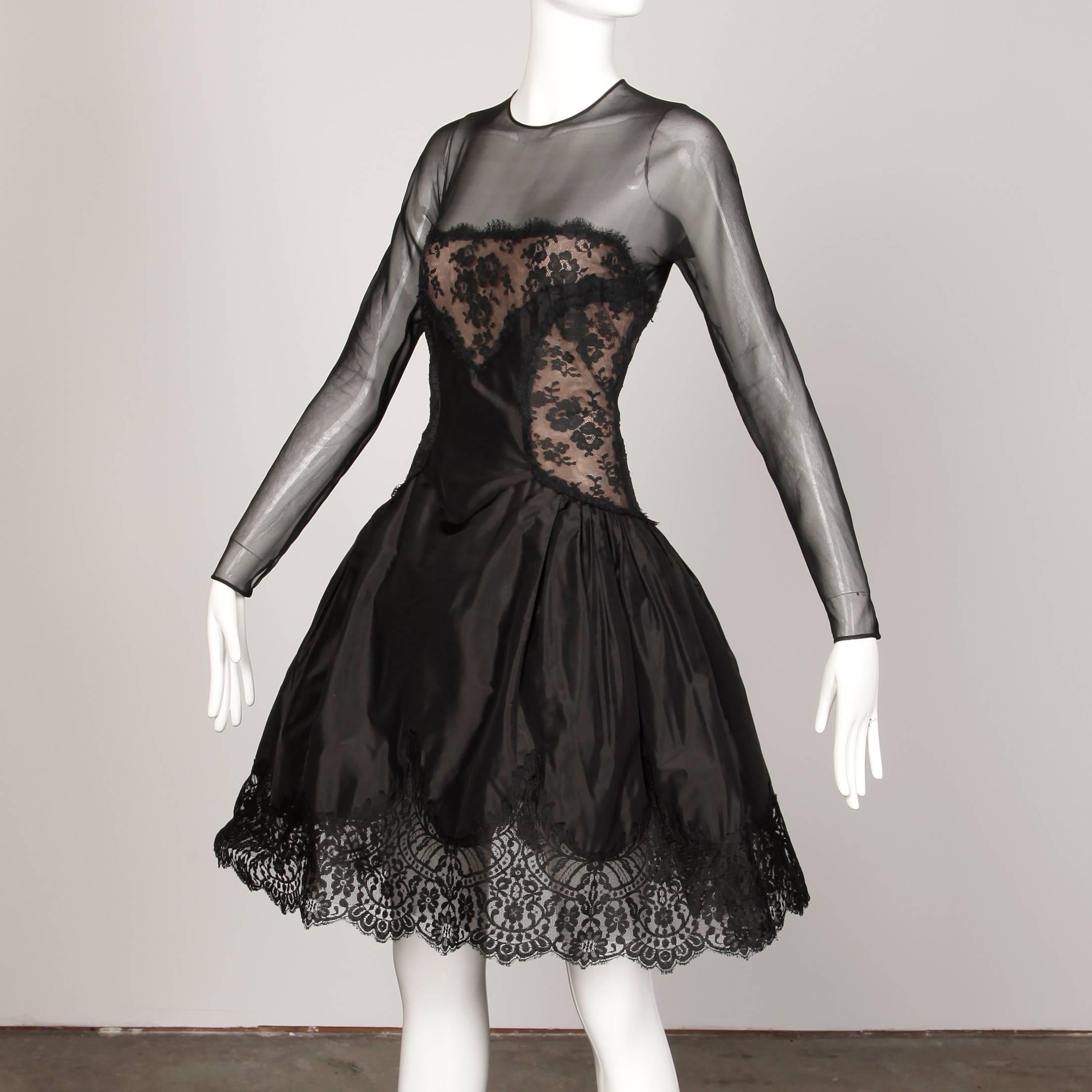 1990s Arnold Scaasi Vintage Black Silk Nude Illusion Chantilly Lace Dress In Excellent Condition In Sparks, NV