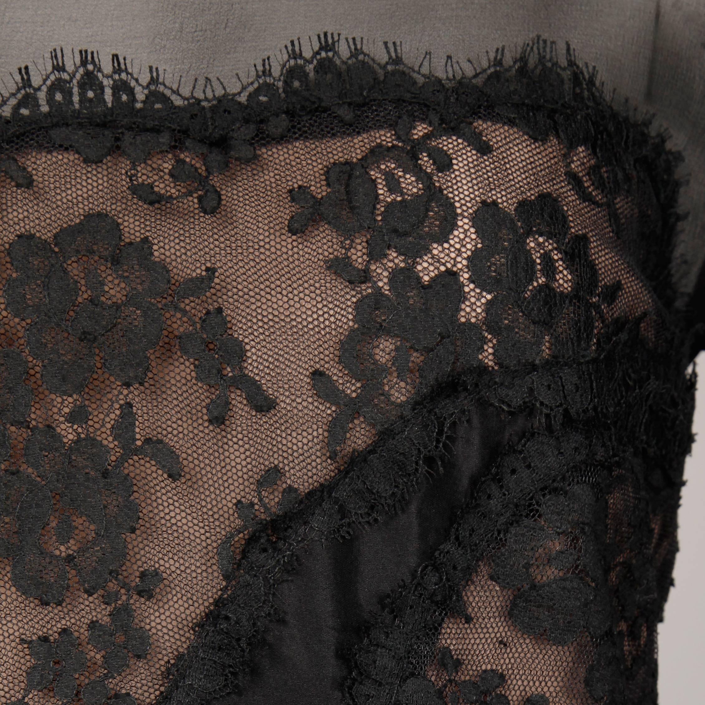1990s Arnold Scaasi Vintage Black Silk Nude Illusion Chantilly Lace Dress 1