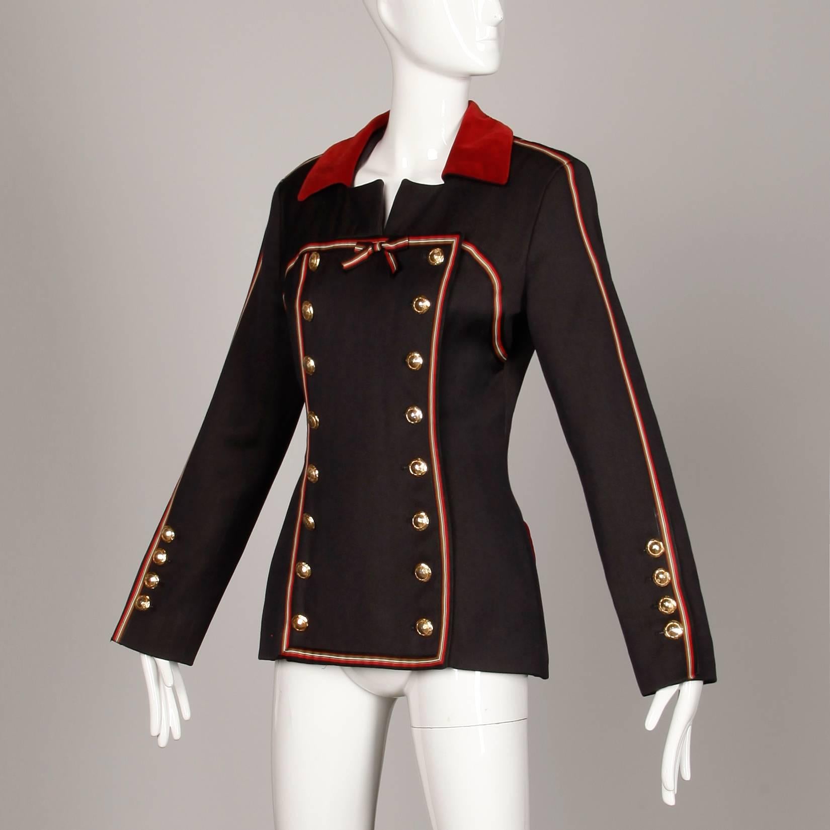 Black 1990s Gemma Kahng Vintage Wool + Velvet Double Breasted Military Blazer Jacket