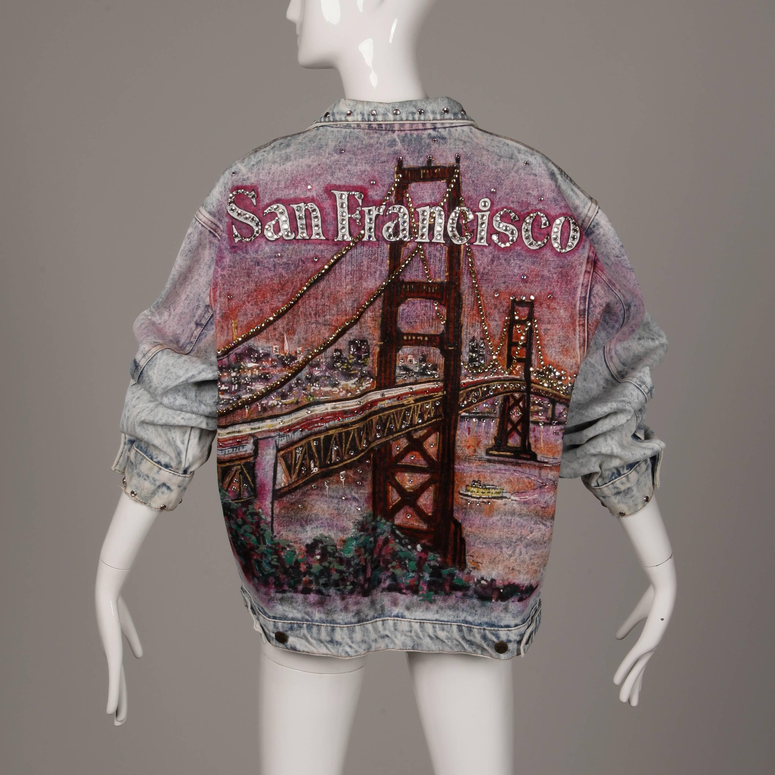 Women's or Men's Tony Alamo Vintage Hand Painted and Studded San Francisco Denim Jean Jacket