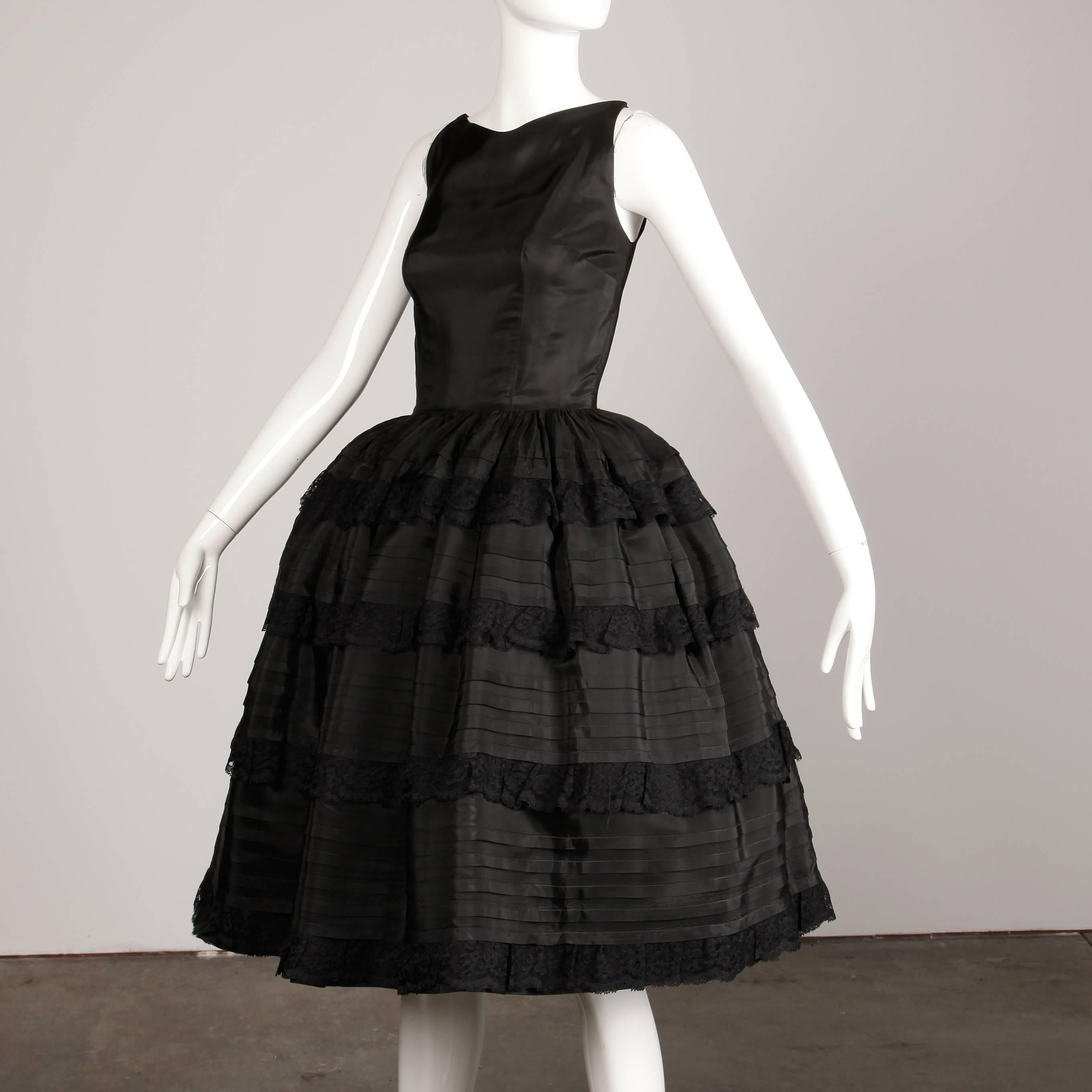1950s Vintage Black Taffeta + Lace Tiered Ruffle Full Sweep Cocktail Dress In Excellent Condition In Sparks, NV
