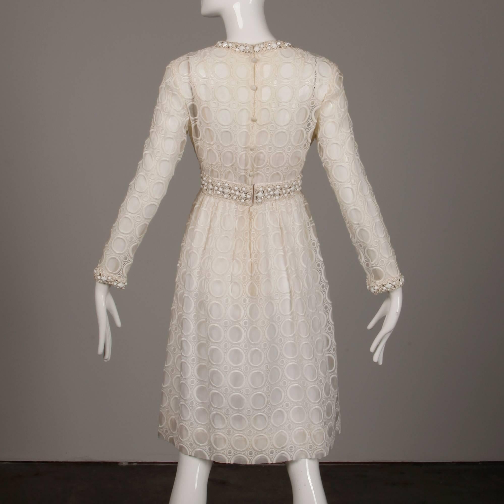 Women's Off White Vintage Eyelet Lace Dress with Prong Set Rhinestones and Beads, 1960s 