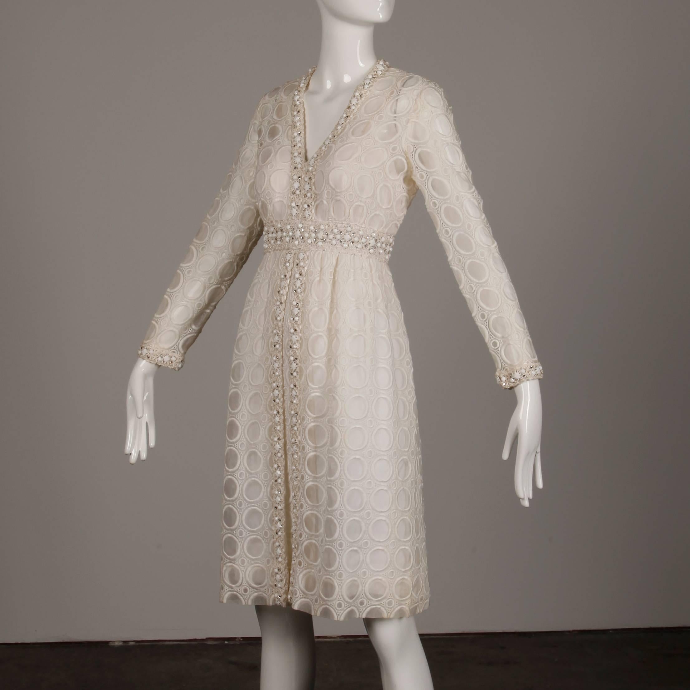 Gray Off White Vintage Eyelet Lace Dress with Prong Set Rhinestones and Beads, 1960s 