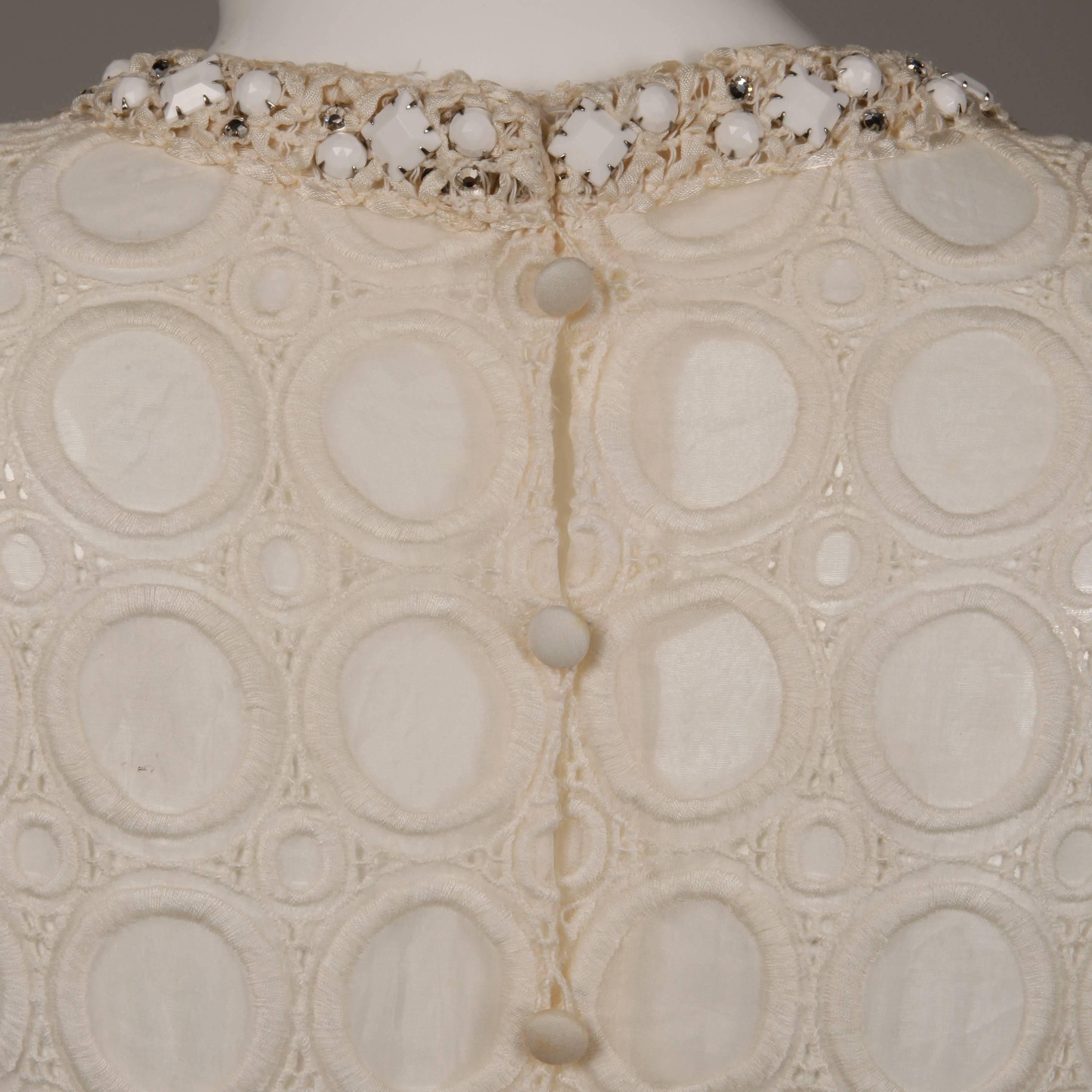 Off White Vintage Eyelet Lace Dress with Prong Set Rhinestones and Beads, 1960s  In Excellent Condition In Sparks, NV