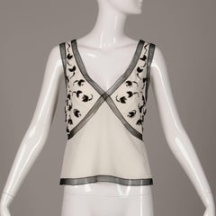 Prada Off-White Silk Black Mesh, Beaded Embellished Tank Top, Shirt or Camisole