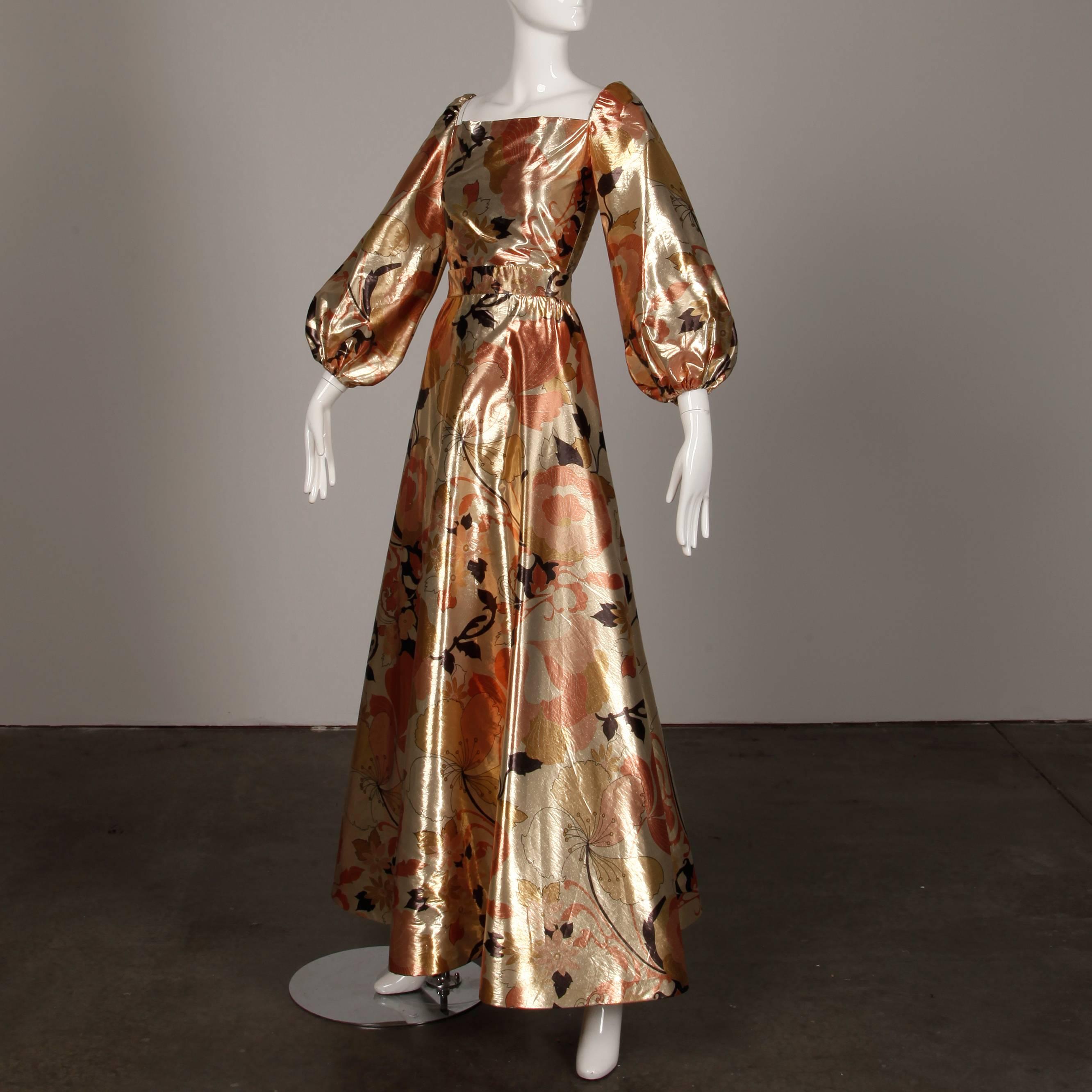Brown 1970s Arnold Scaasi Vintage Metallic Gold Lamé Silk Dress/ Gown (Skirt + Top) For Sale