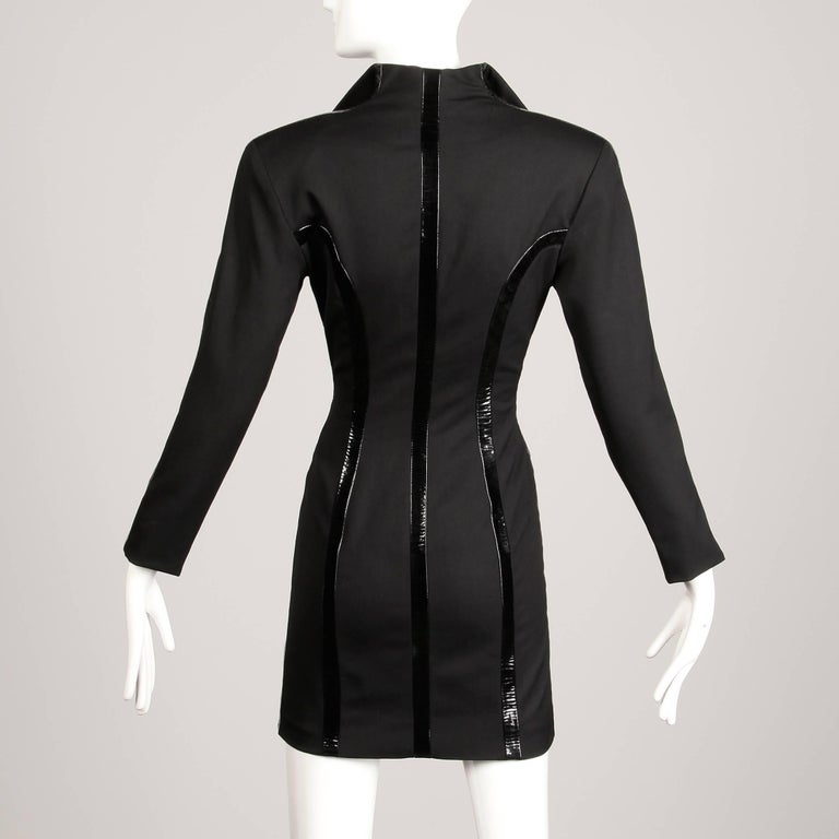 Women's 1980s Jacques Molko Vintage Black Patent Leather + Wool Avant Garde Dress For Sale