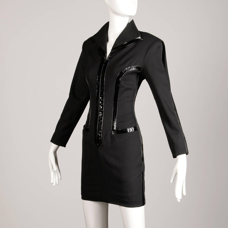 1980s Jacques Molko Vintage Black Patent Leather + Wool Avant Garde Dress In Excellent Condition For Sale In Sparks, NV