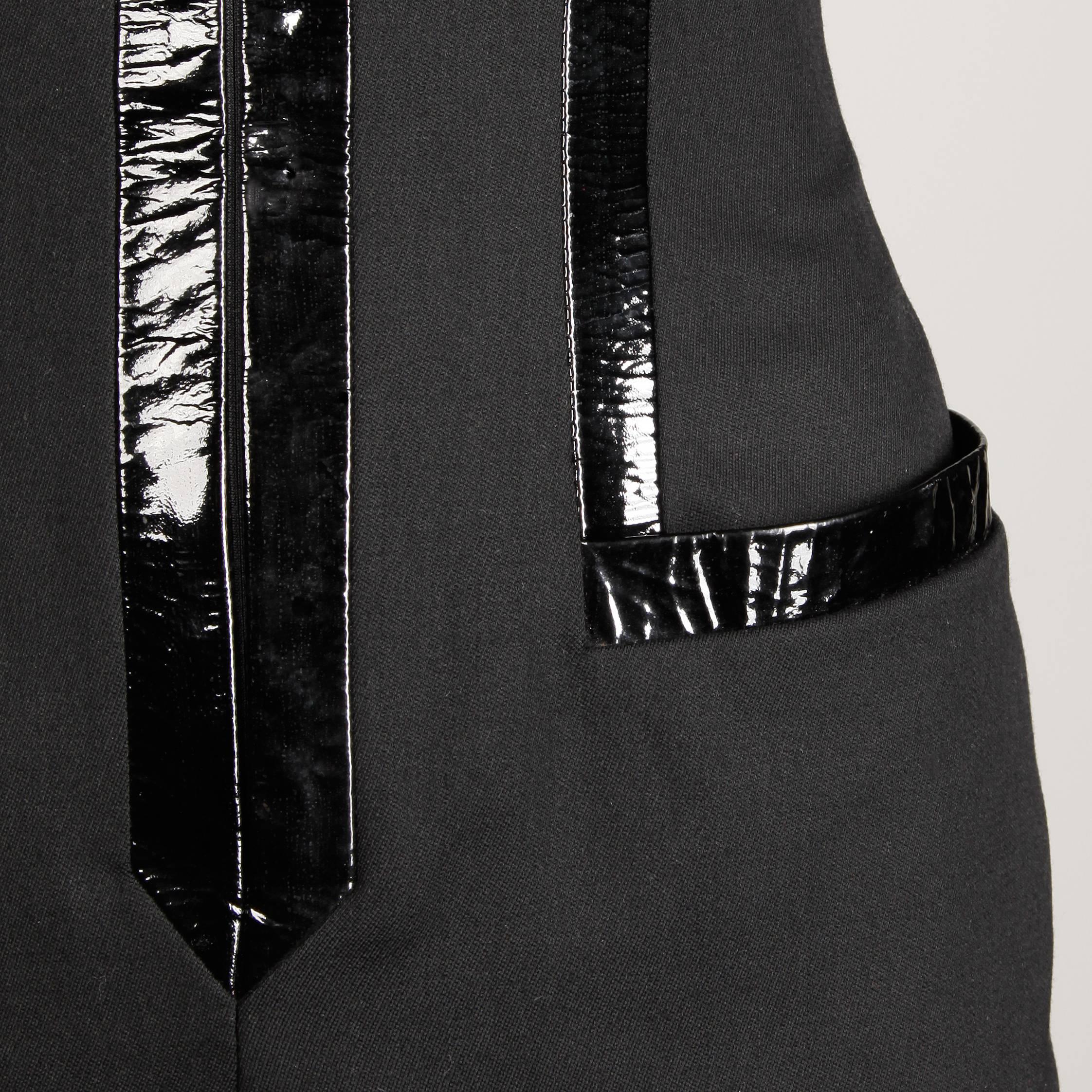Women's 1980s Jacques Molko Vintage Black Patent Leather + Wool Avant Garde Dress