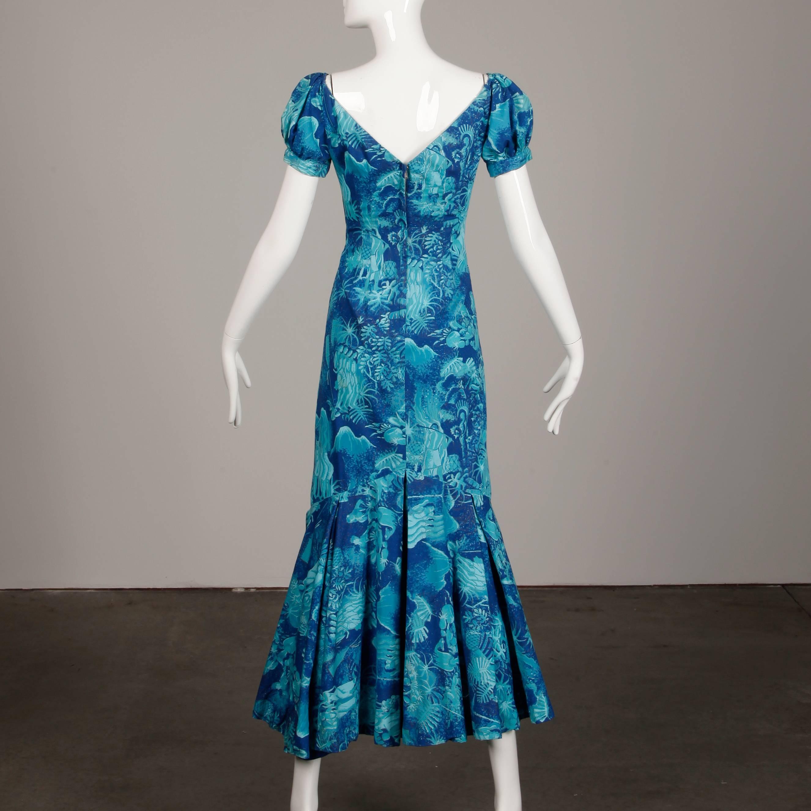 Rare 1940s-1950s Alfred Shaheen Blue + Gold Novelty Hawaiian Tikki Print Dress 3