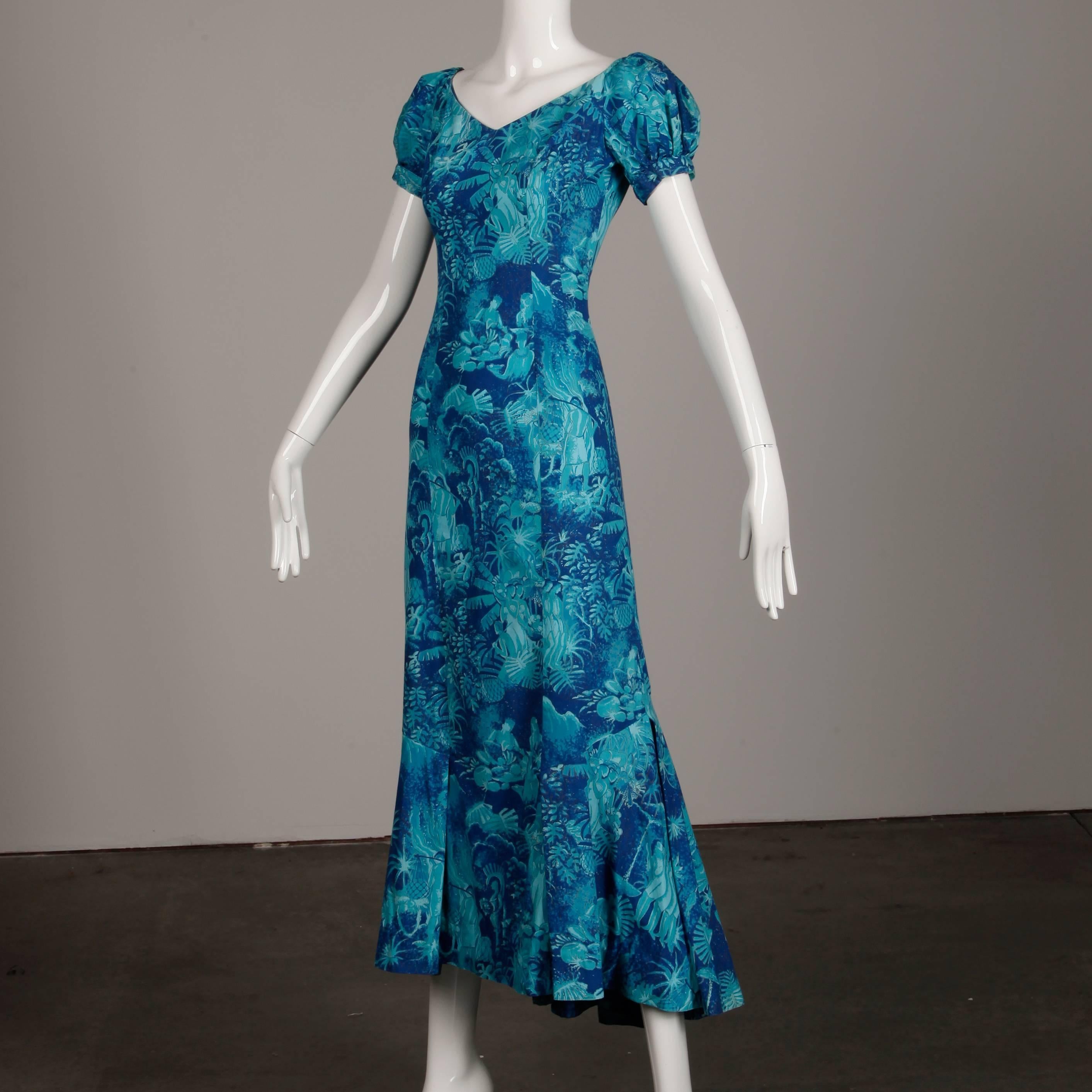 Rare 1940s-1950s Alfred Shaheen Blue + Gold Novelty Hawaiian Tikki Print Dress 1