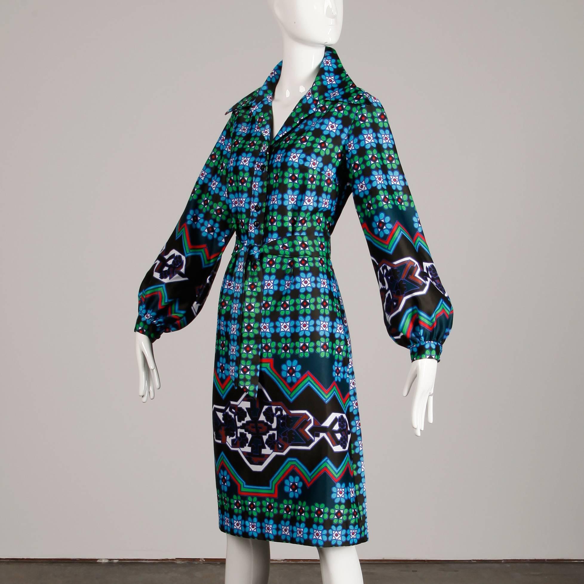 Black Lanvin Vintage Colorful Op Art Geometric Print Shirt Dress with Sash Belt, 1970s