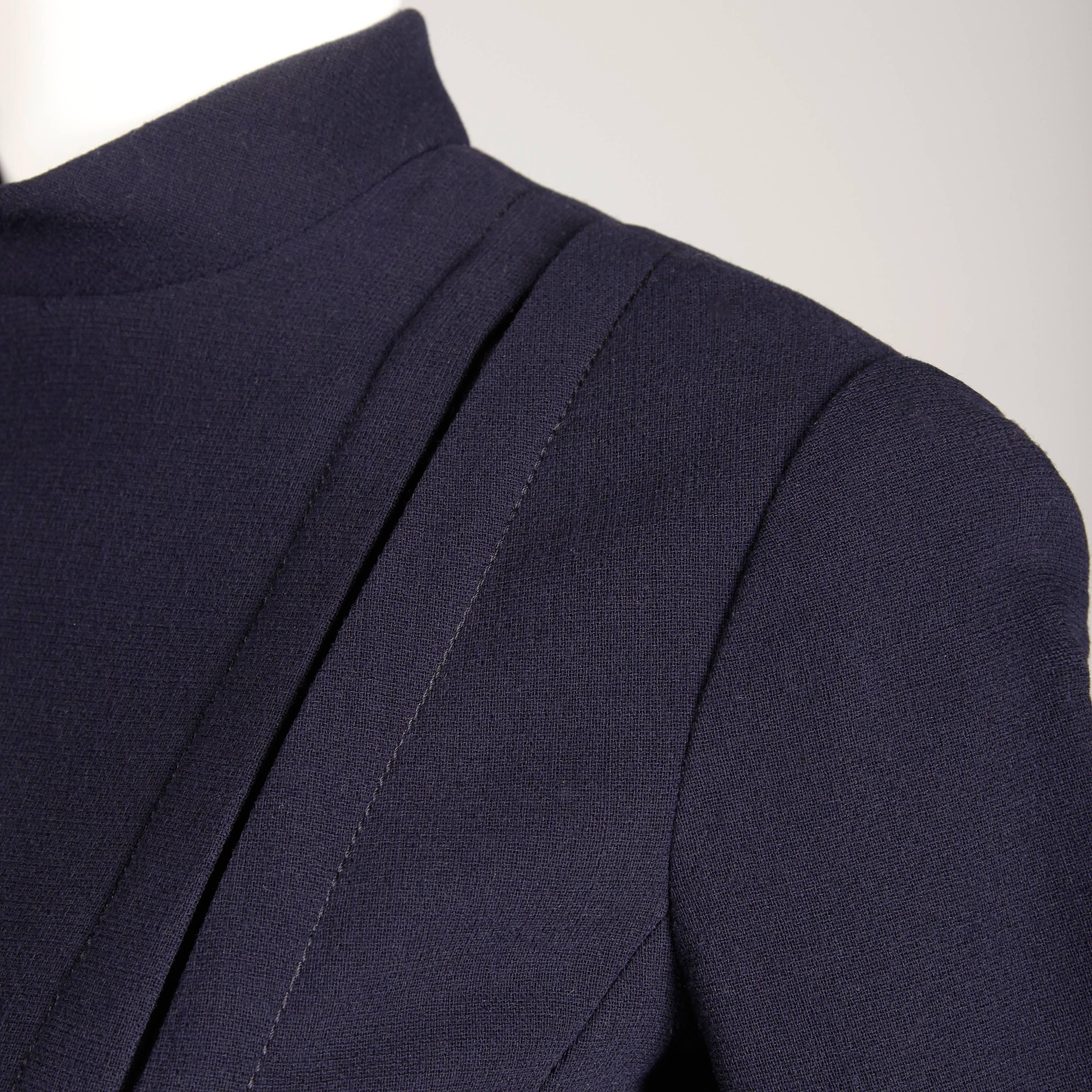 Black 1960s Geoffrey Beene Vintage Navy Wool/ Silk Pleated Mod Dress with Long Sleeves