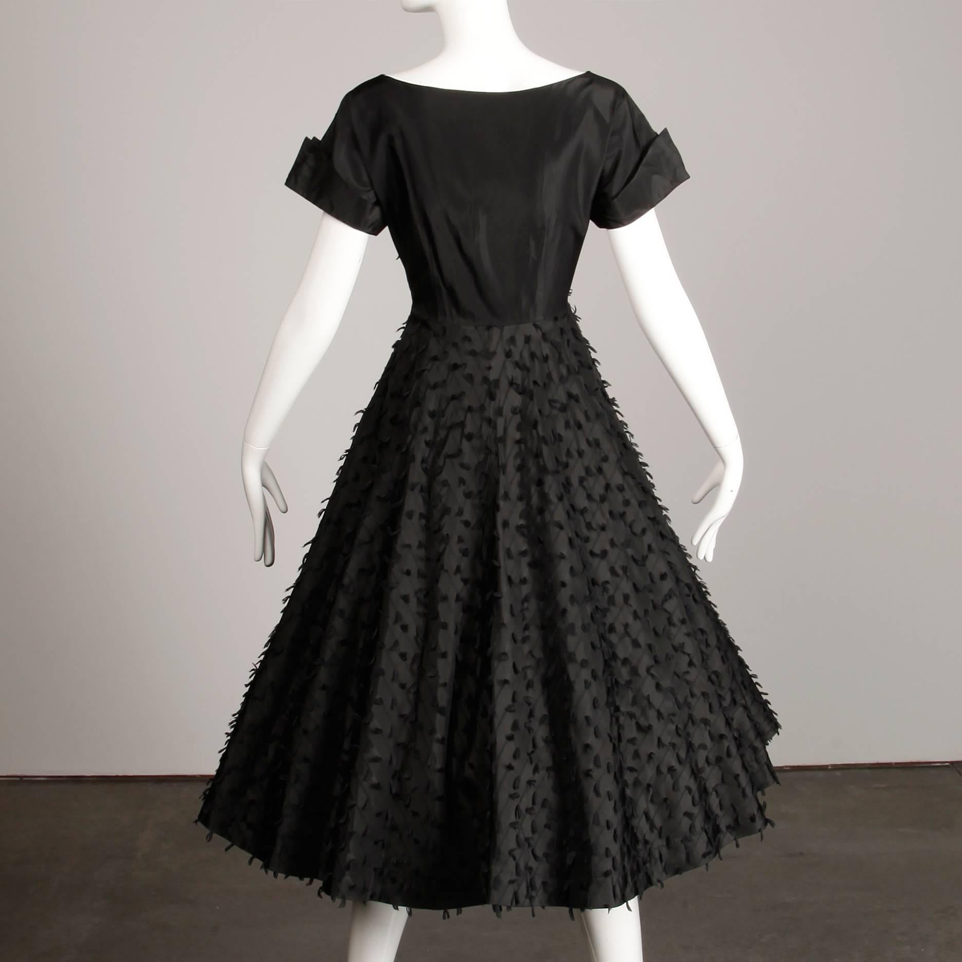 Women's Black Taffeta Full Sweep Vintage Cocktail Dress with Rhinestone Buttons, 1950s 