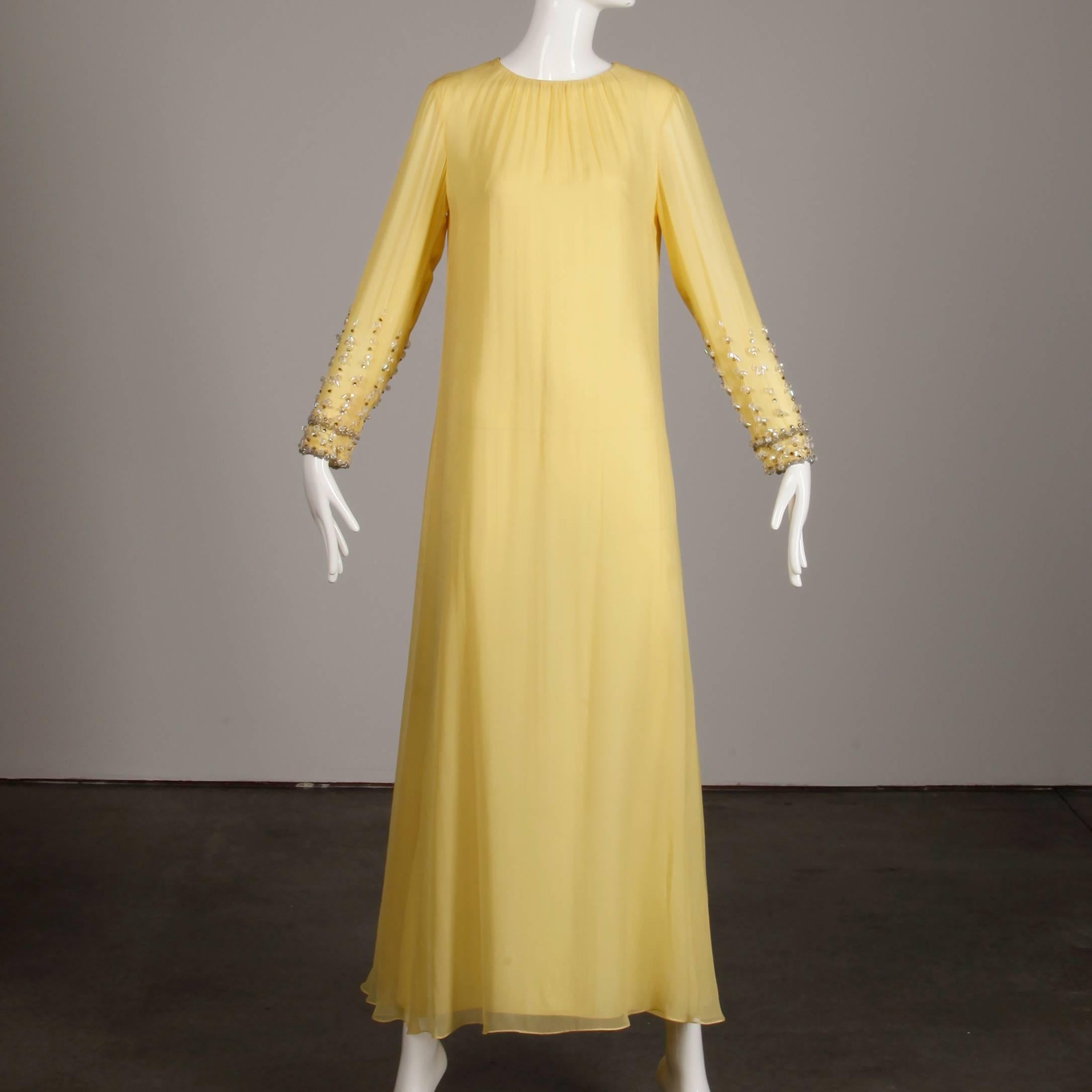 Beige Silk Vintage Evening Dress / Gown with Rhinestone and Beaded Sleeves, 1960s For Sale