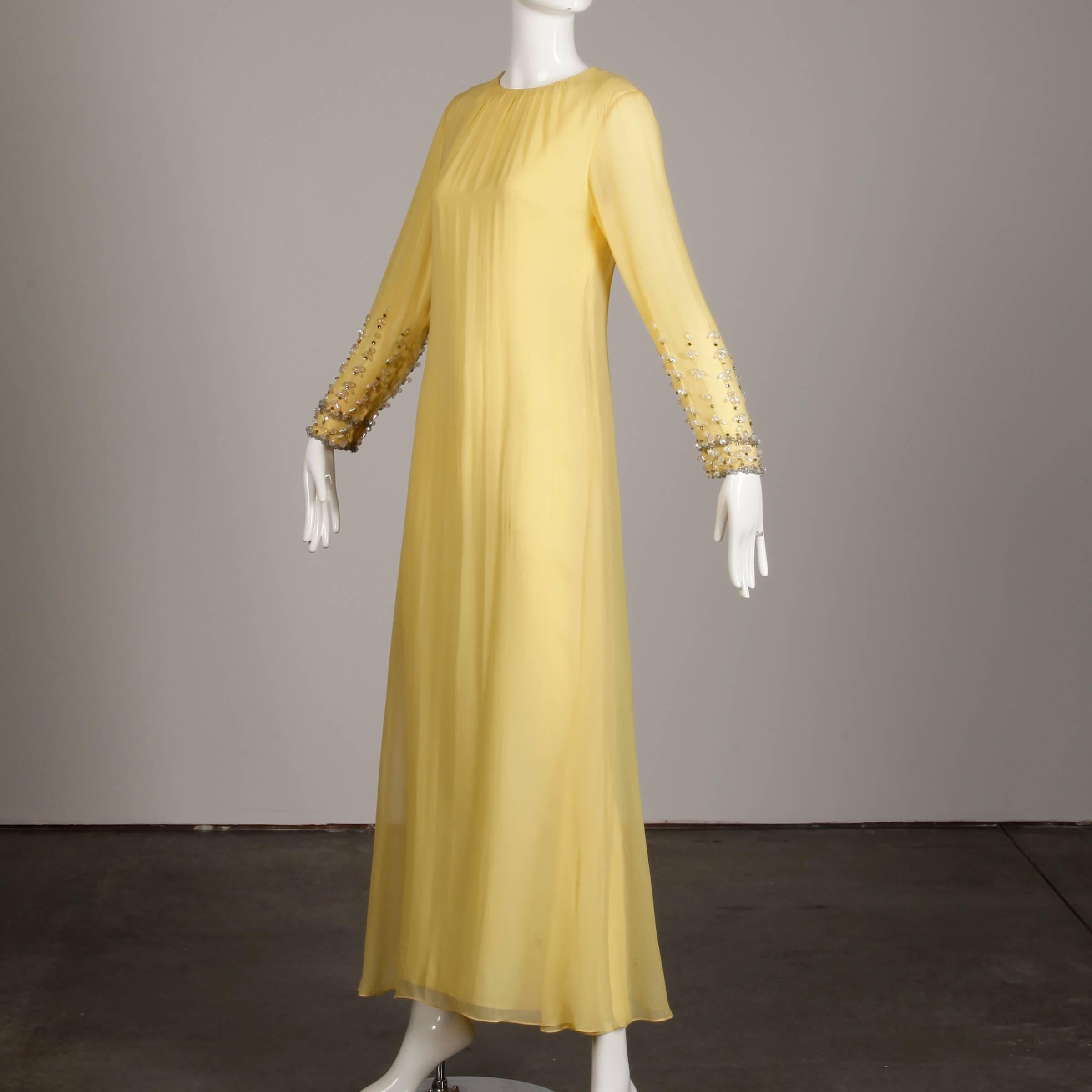 Women's Silk Vintage Evening Dress / Gown with Rhinestone and Beaded Sleeves, 1960s  For Sale