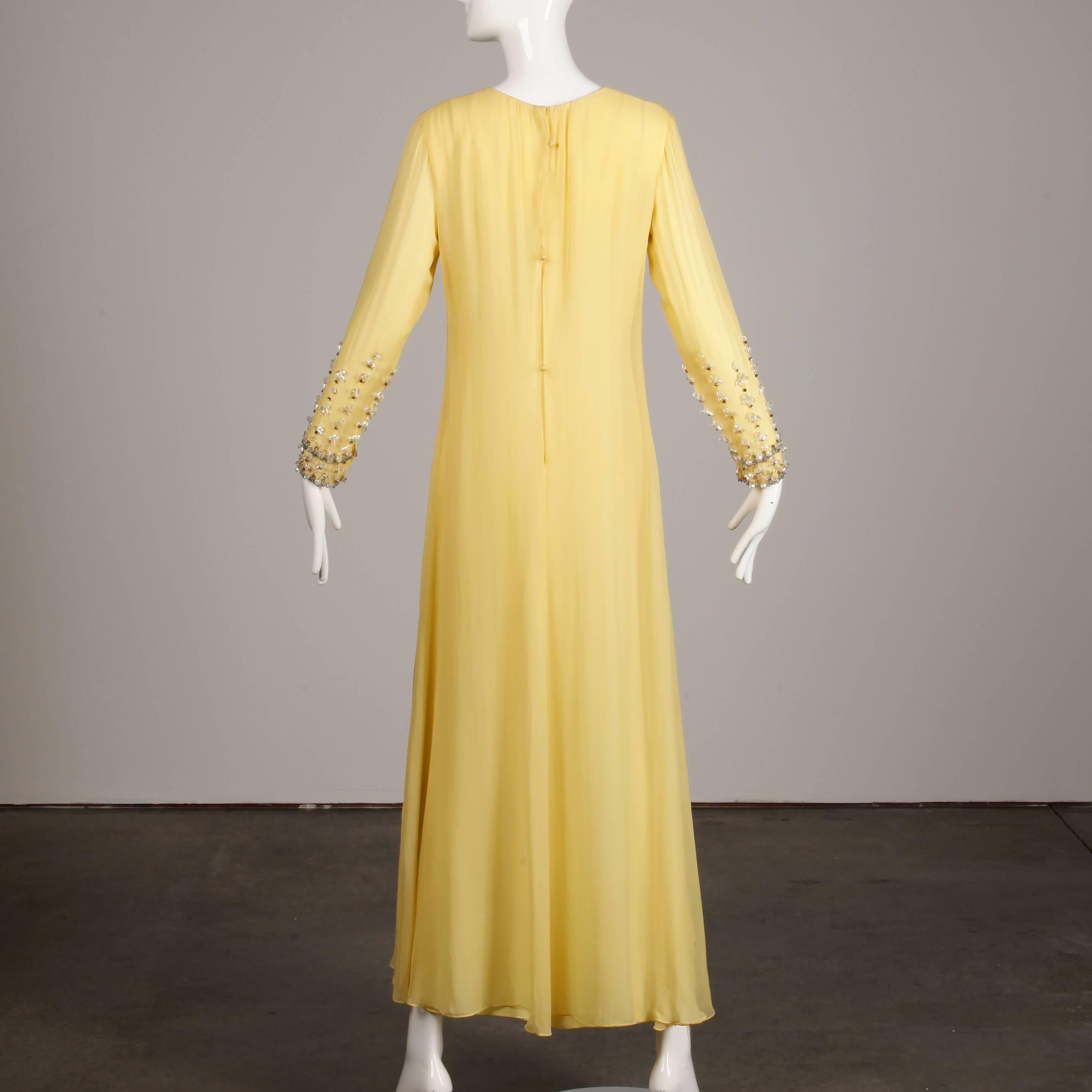 Silk Vintage Evening Dress / Gown with Rhinestone and Beaded Sleeves, 1960s For Sale 2