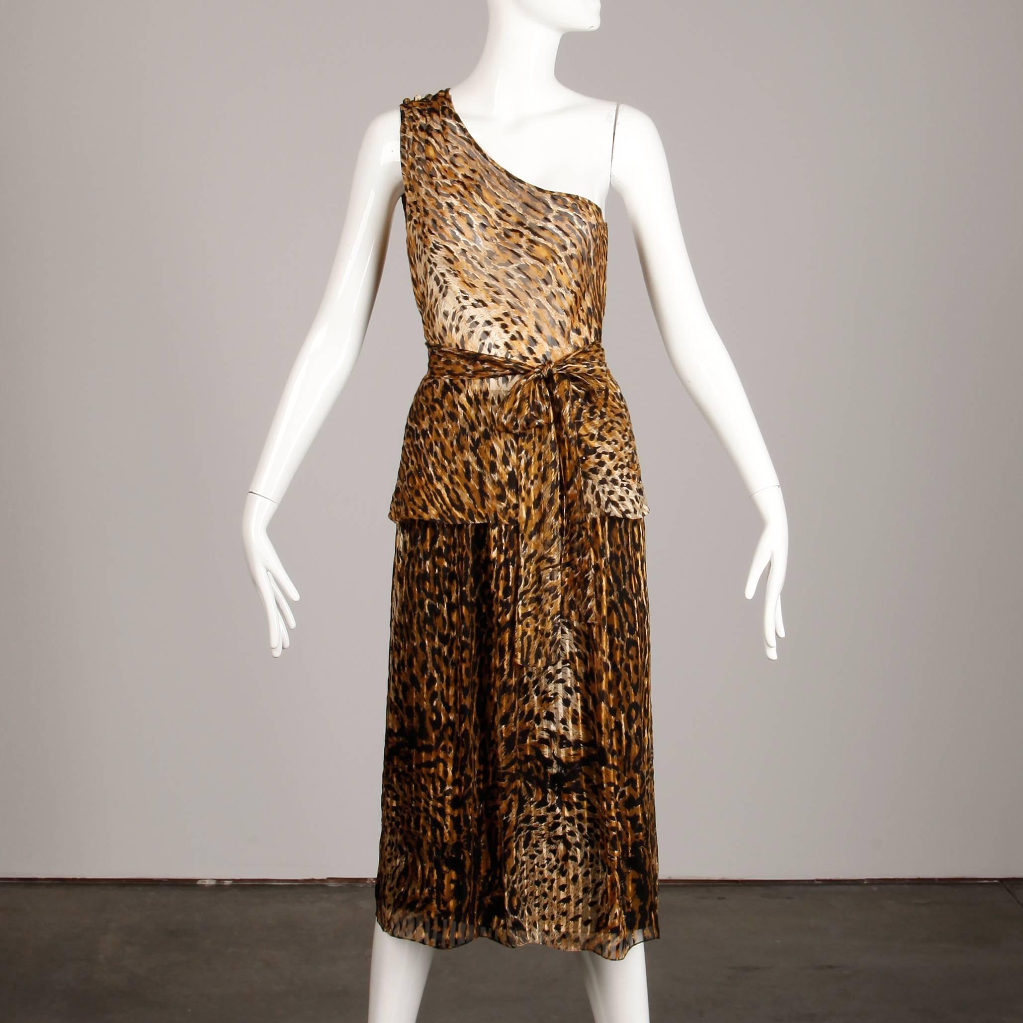 Brown Lillie Rubin Vintage Leopard Print Silk Chiffon 3 Pc Skirt Top Ensemble, 1970s  