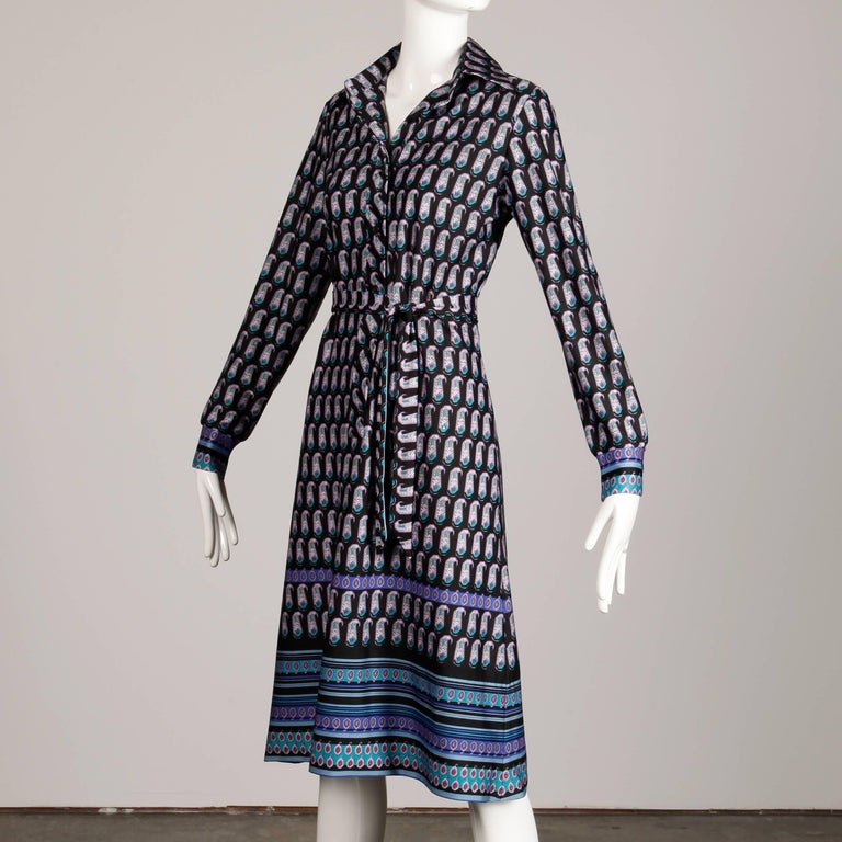 medium wide sleeves buttoned back  small high collar 1970s Lanvin cobalt blue silk paisley print blouse