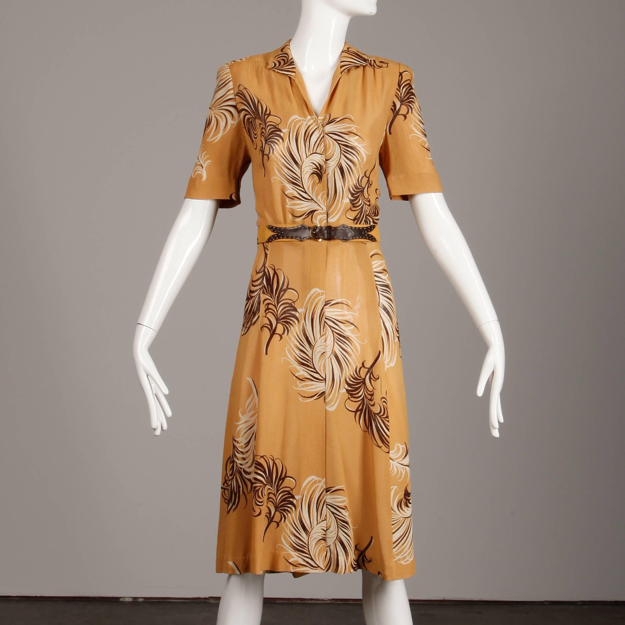 1940s Terry Rogers Vintage Mustard Yellow + Brown Print Day Dress + Leather Belt In Excellent Condition In Sparks, NV