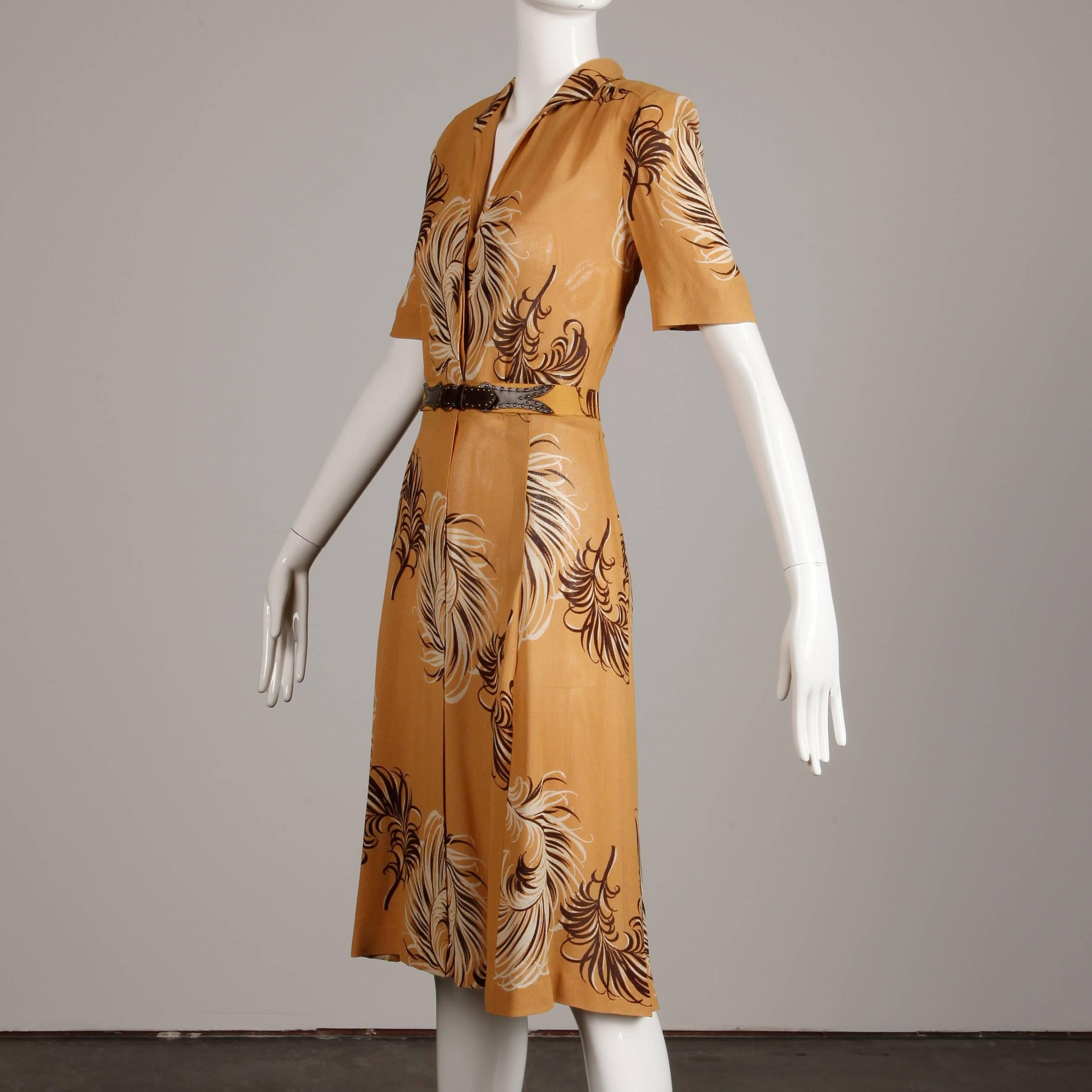 1940s Terry Rogers Vintage Mustard Yellow + Brown Print Day Dress + Leather Belt 1