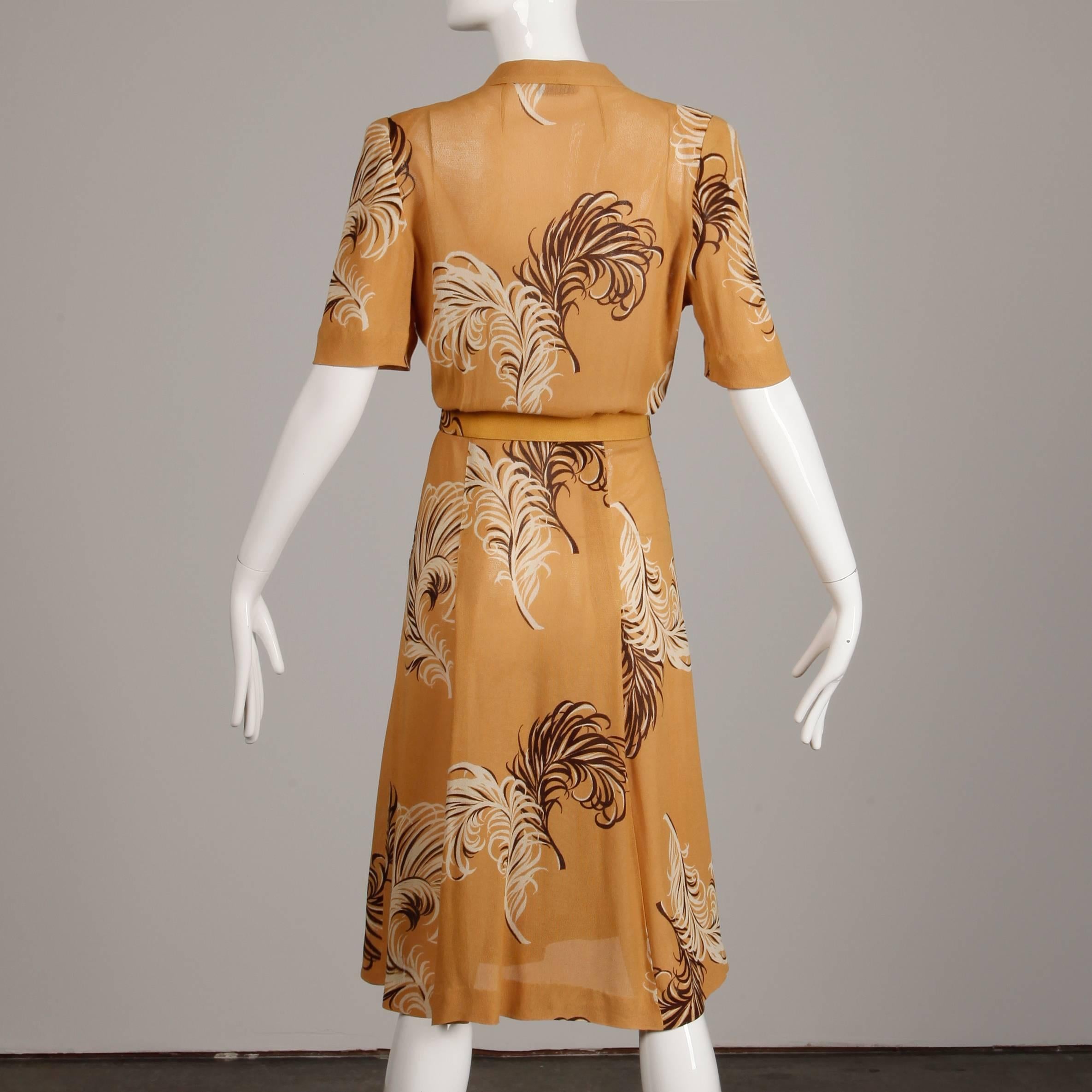 1940s Terry Rogers Vintage Mustard Yellow + Brown Print Day Dress + Leather Belt 2