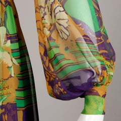 1970s Vintage Tropical Print Sheer Sleeves Chiffon Maxi Dress with Full Sweep