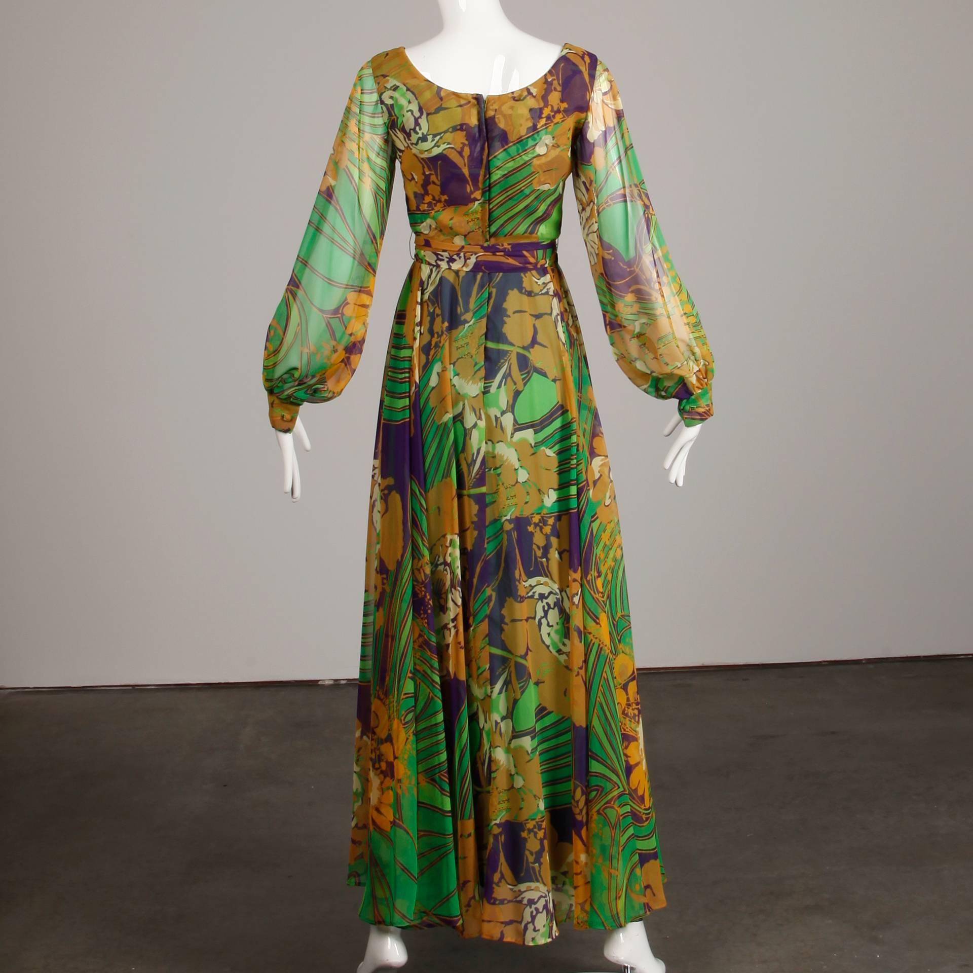Women's 1970s Vintage Tropical Print Sheer Sleeves Chiffon Maxi Dress with Full Sweep For Sale