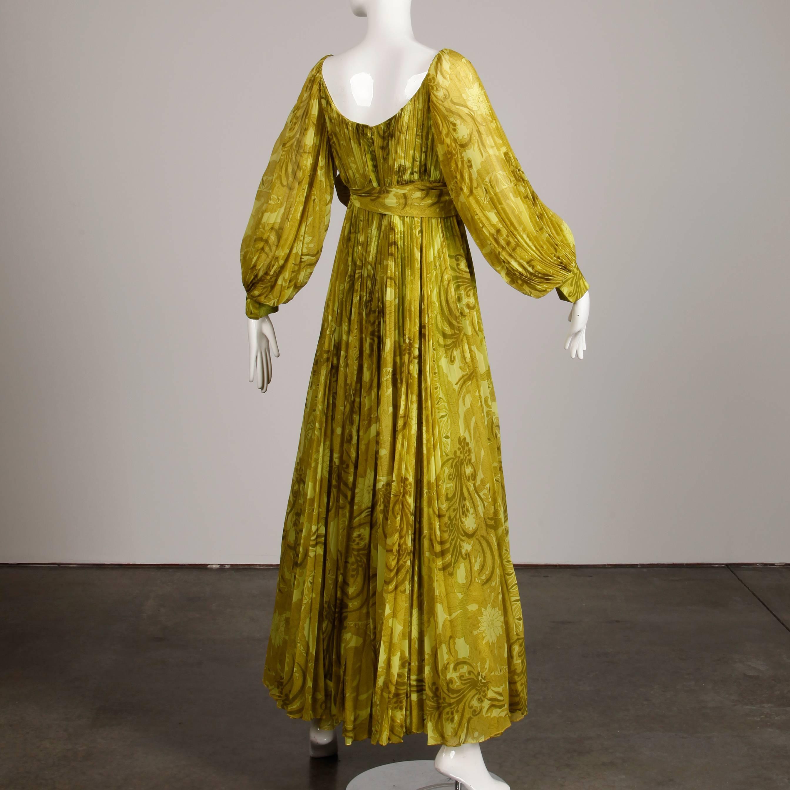 1970s Anne Fogarty Vintage Chartreuse Paisley Print Infinity Pleated Maxi Dress 2