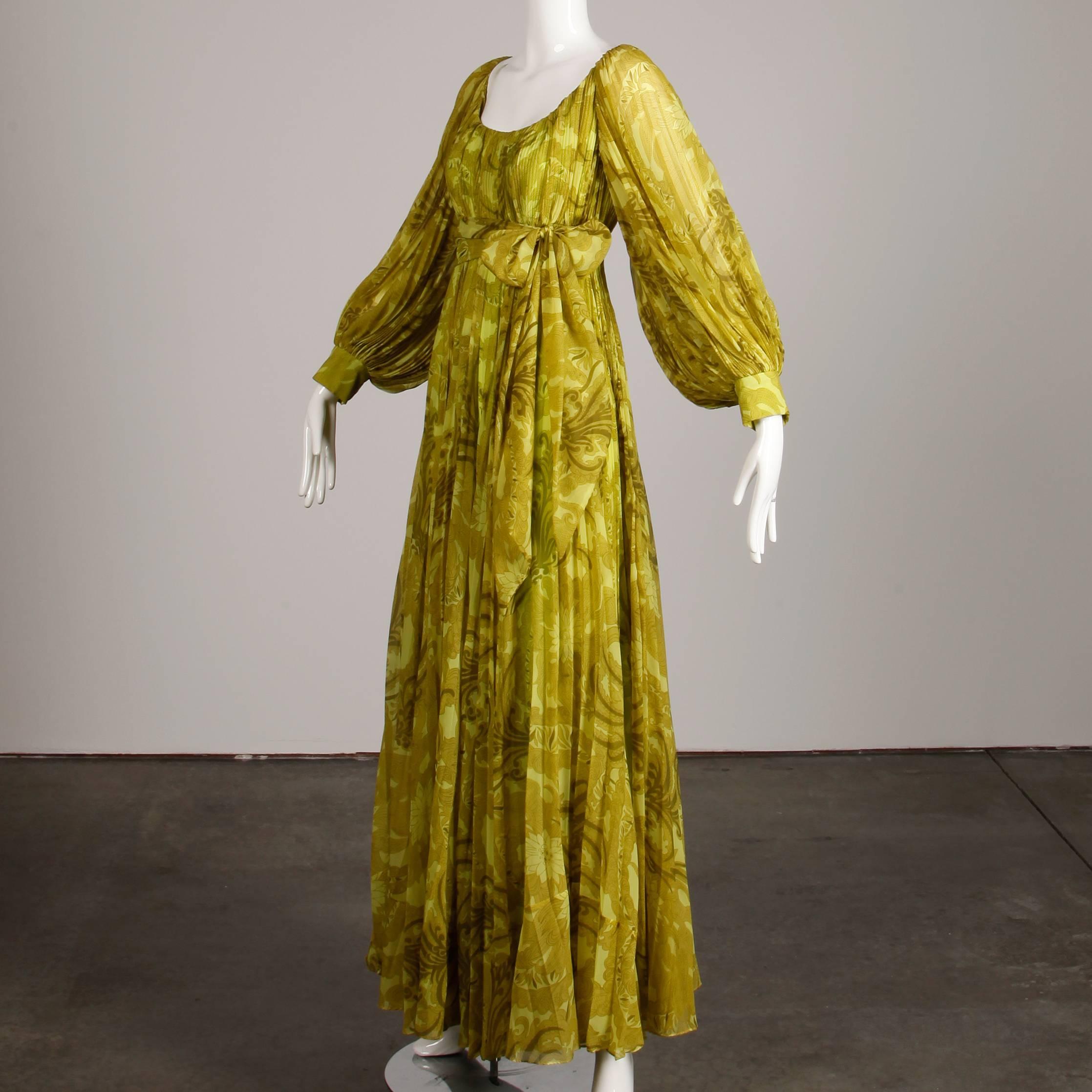 1970s Anne Fogarty Vintage Chartreuse Paisley Print Infinity Pleated Maxi Dress 1