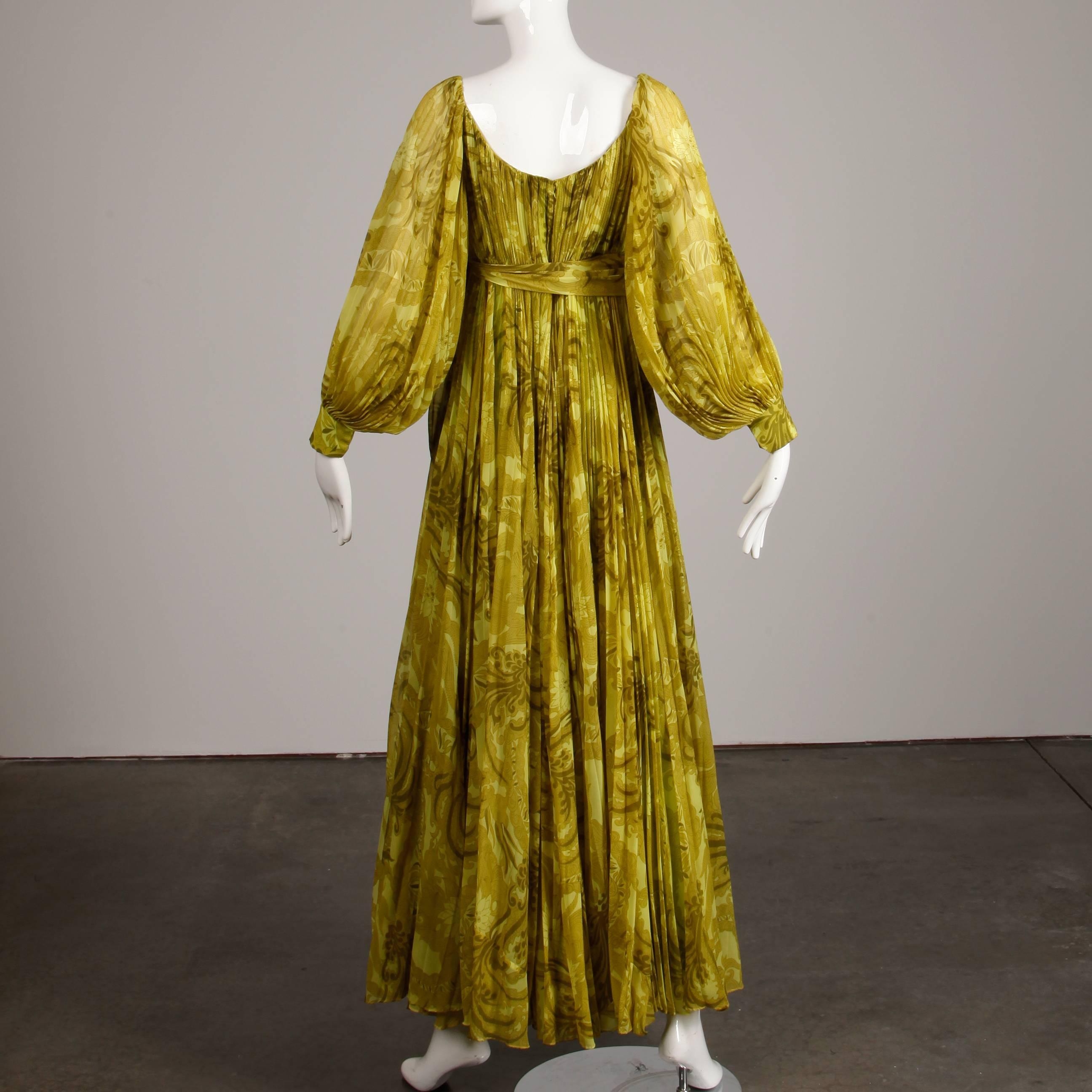 1970s Anne Fogarty Vintage Chartreuse Paisley Print Infinity Pleated Maxi Dress 3