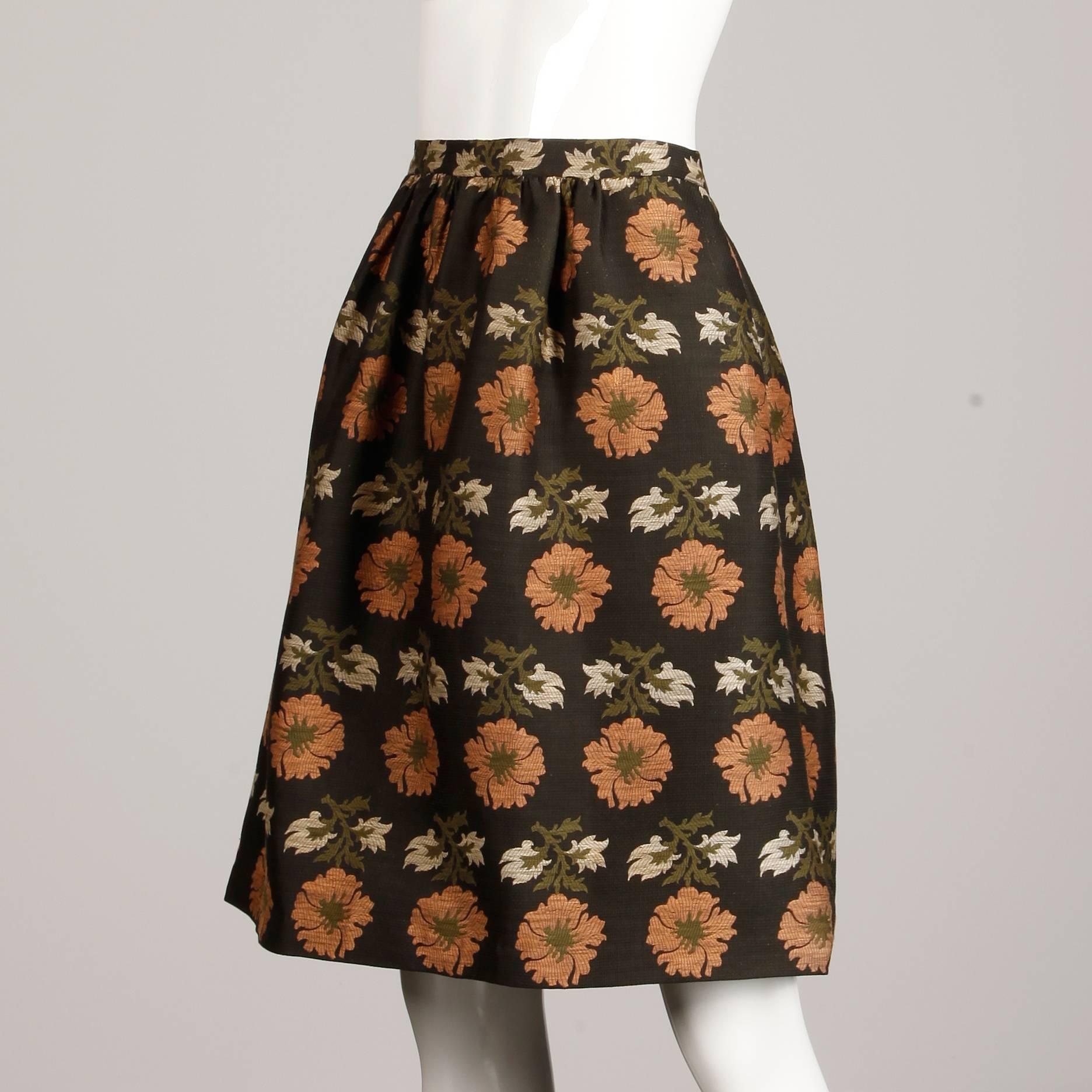 1960s Vintage Silk Jacquard Woven Floral Tapestry Skirt in Brown, Coral + Green In Excellent Condition In Sparks, NV