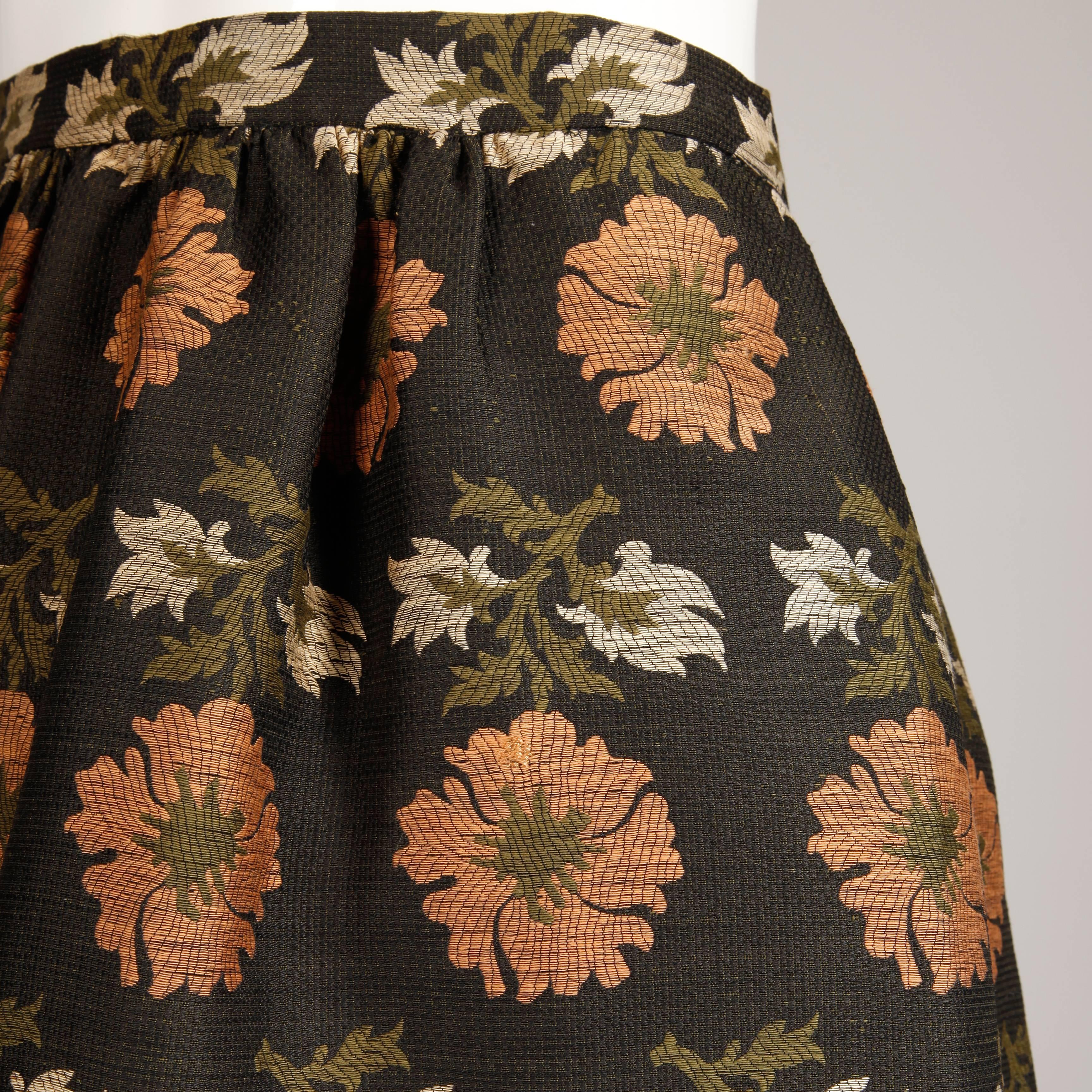 Black 1960s Vintage Silk Jacquard Woven Floral Tapestry Skirt in Brown, Coral + Green