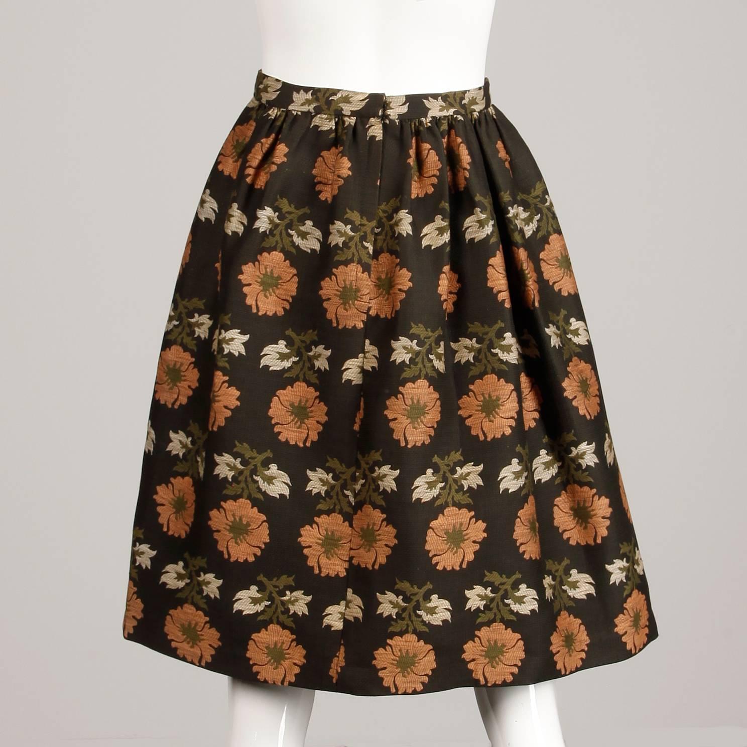 Women's 1960s Vintage Silk Jacquard Woven Floral Tapestry Skirt in Brown, Coral + Green