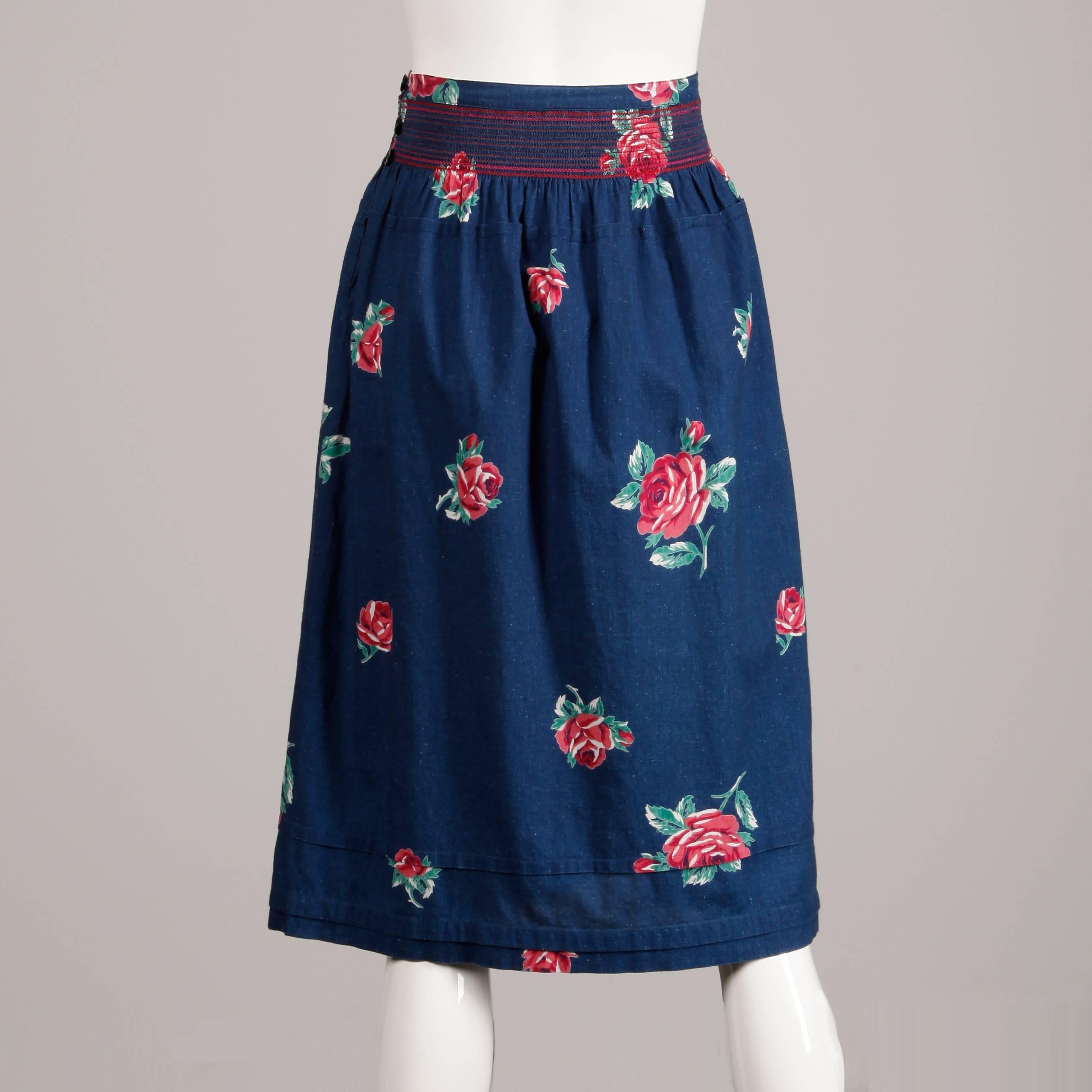 1970s Kenzo Vintage Blue Denim Chambray Jeans Skirt with Floral Rose Print For Sale 1