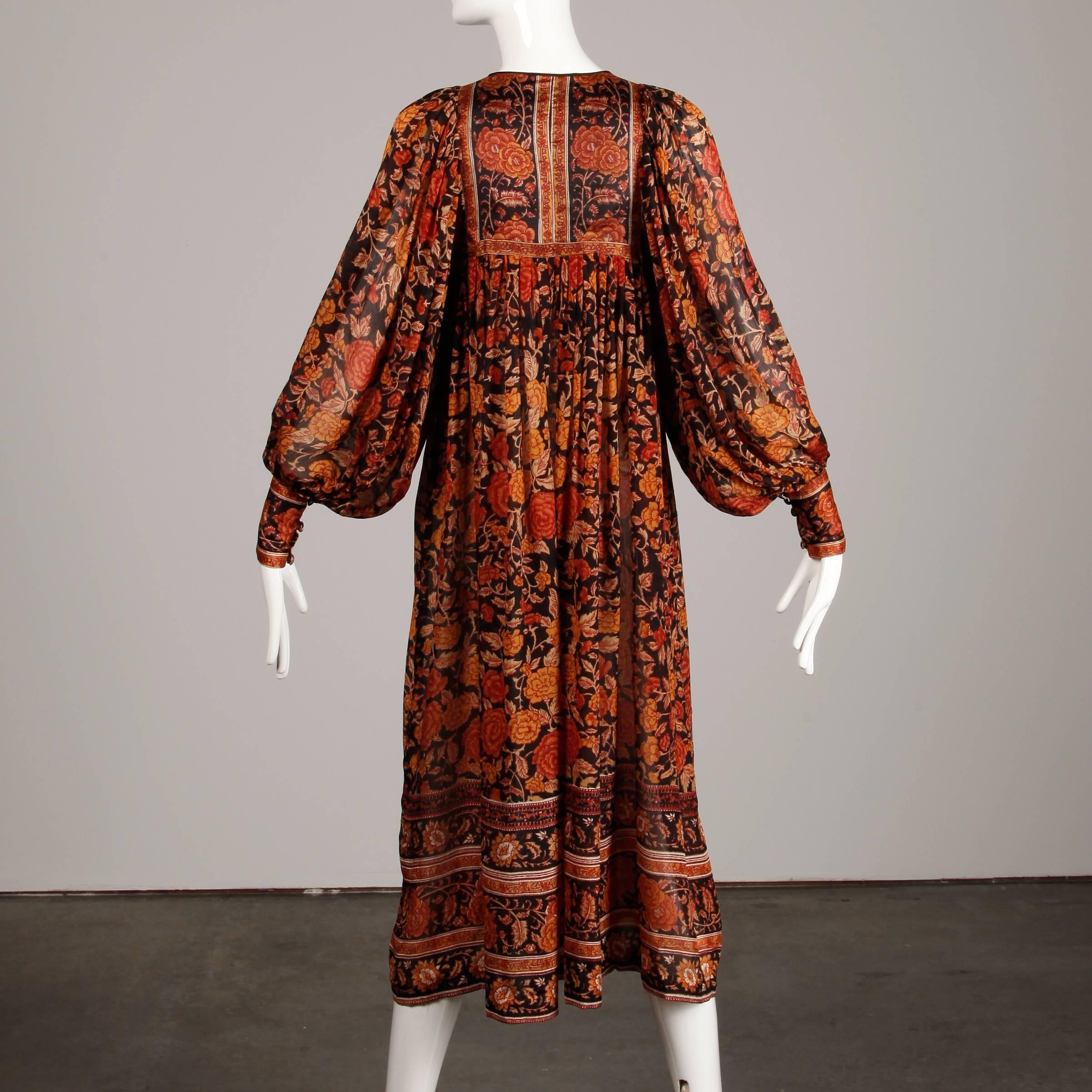 1970s Judith Ann Vintage Paper Thin Silk Indian Hand-Block Print Dress 1