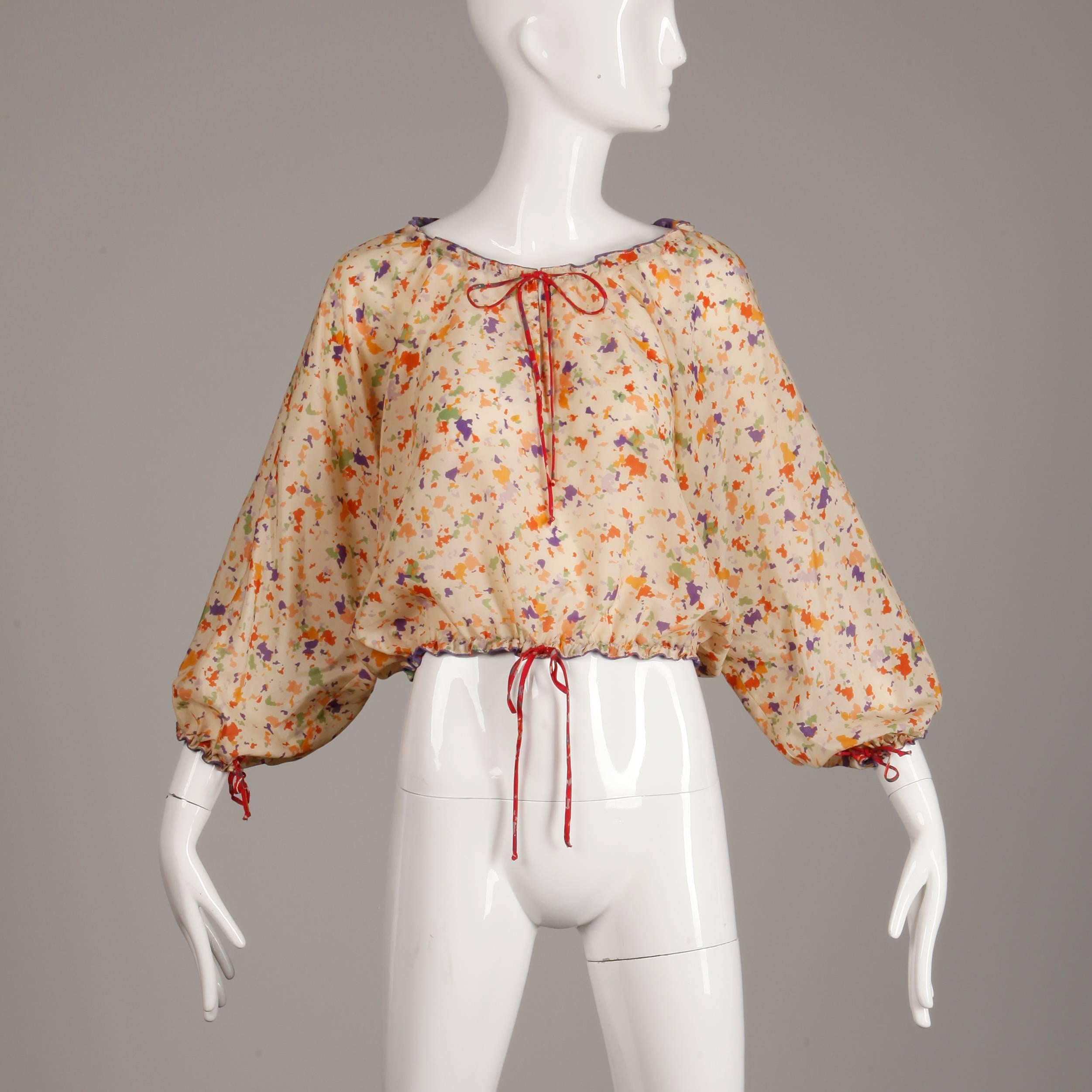 Beige 1970s Giorgio Sant'Angelo Vintage Boho Floral Print Silk Top, Shirt or Blouse