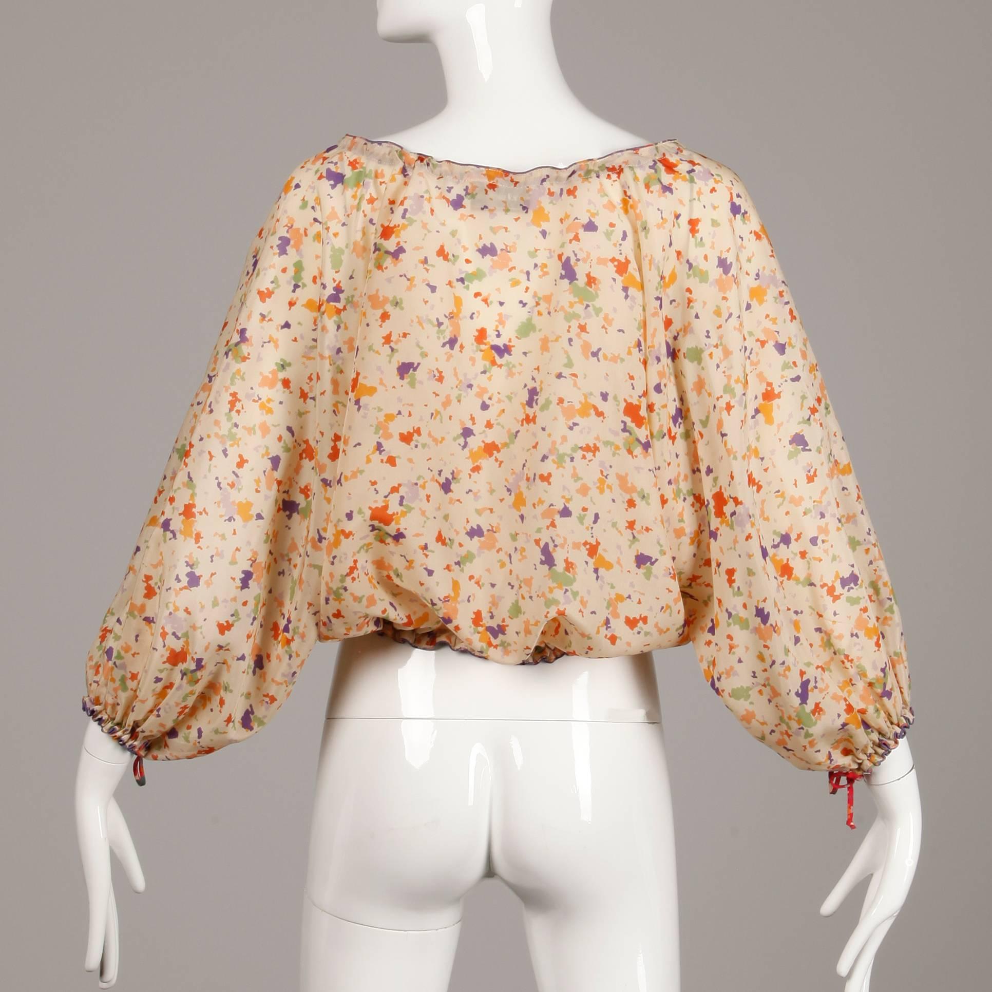 1970s Giorgio Sant'Angelo Vintage Boho Floral Print Silk Top, Shirt or Blouse 1