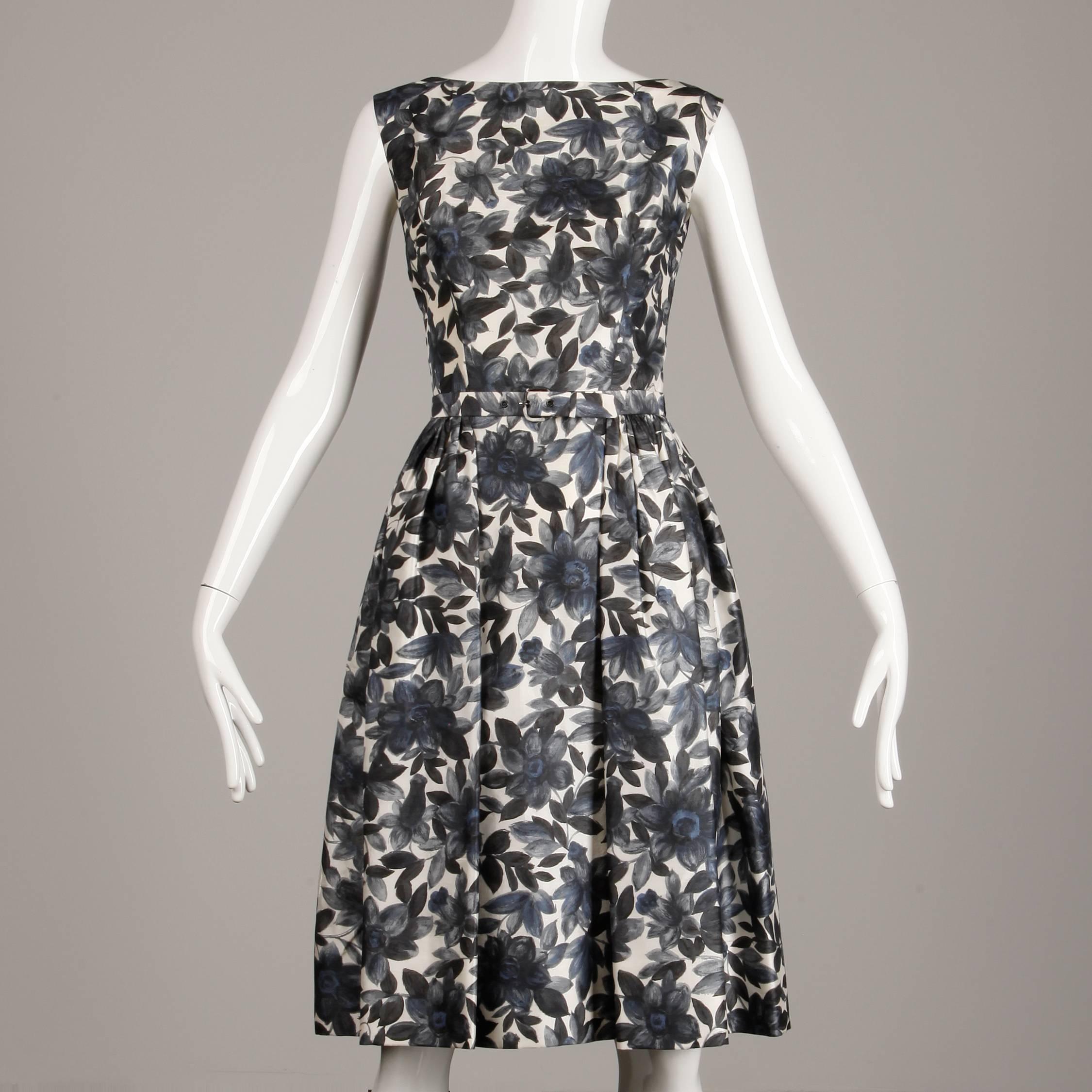 Gray 1950s Vintage Watercolor Floral Print Silk Cocktail or Tea Dress with Belt