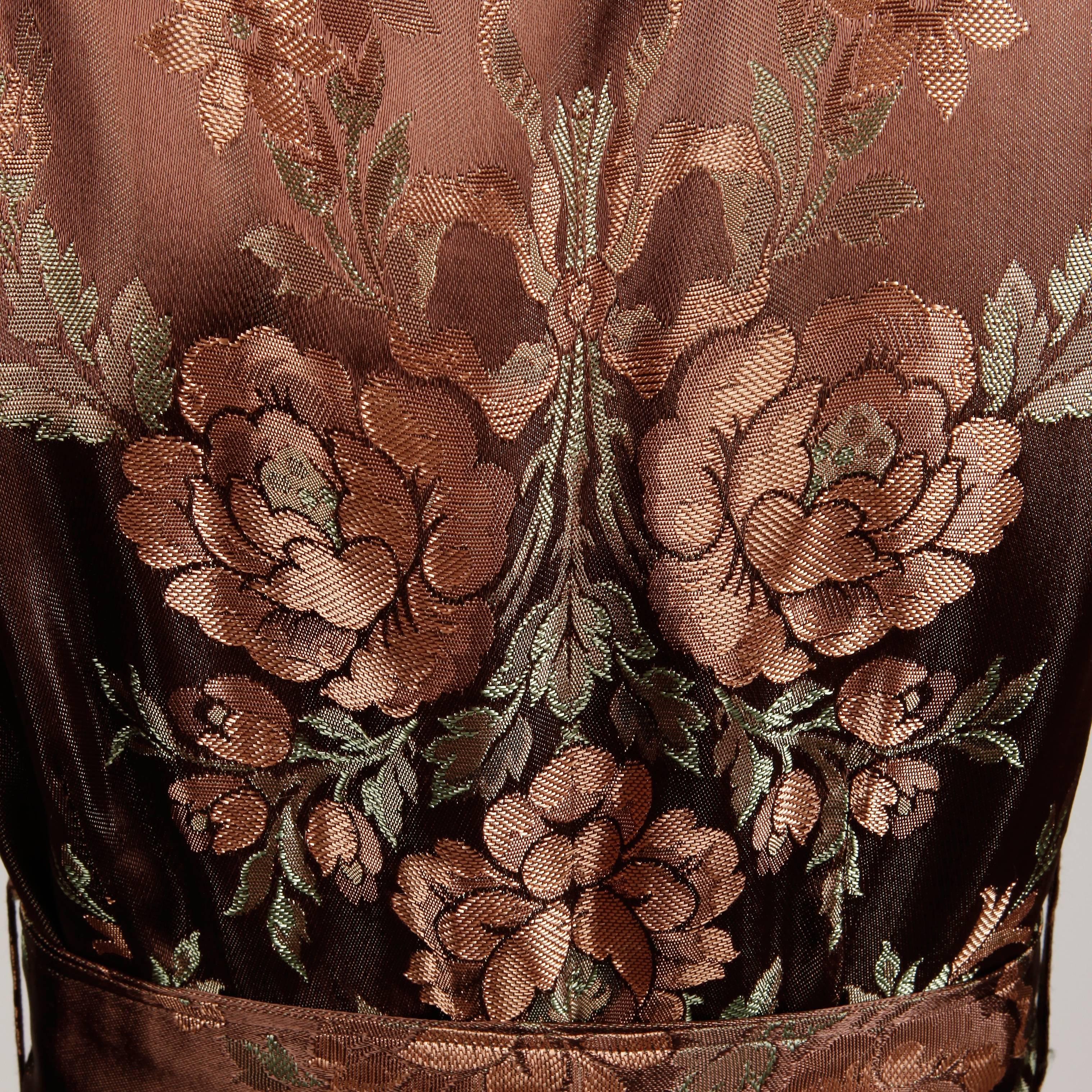 Black 1940s Vintage Copper Brown Floral Jacquard House Dress or Robe Duster Coat/ Belt