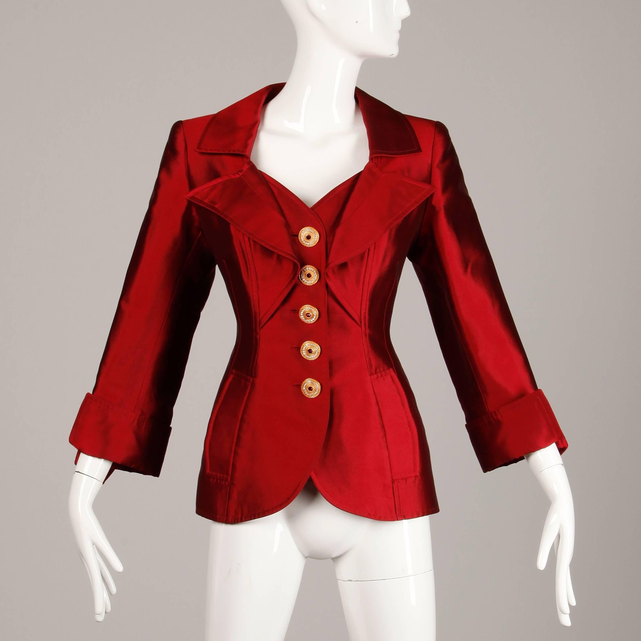 Christian Lacroix Vintage Metallic Red Taffeta Rhinestone Origami Jacket, 1990s  In Excellent Condition In Sparks, NV