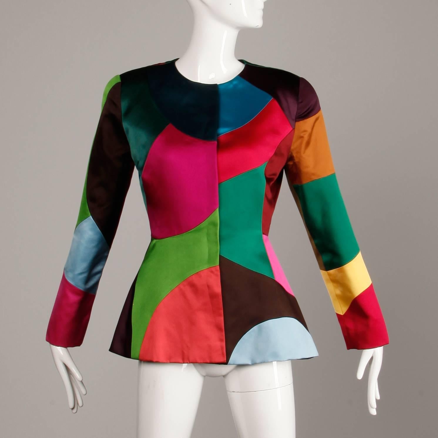 Oscar de la Renta Vintage Rainbow Color Block Silk Evening Jacket, 1980s  In Excellent Condition In Sparks, NV