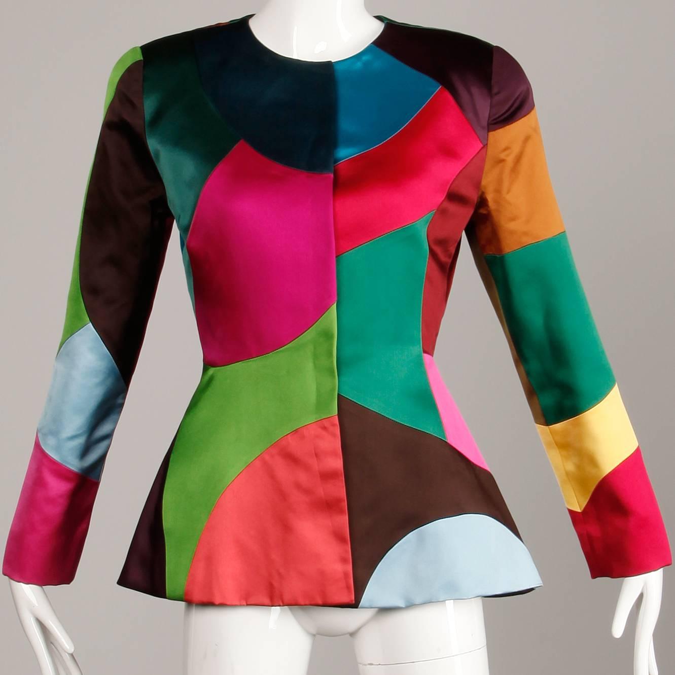 Oscar de la Renta Vintage Rainbow Color Block Silk Evening Jacket, 1980s  3