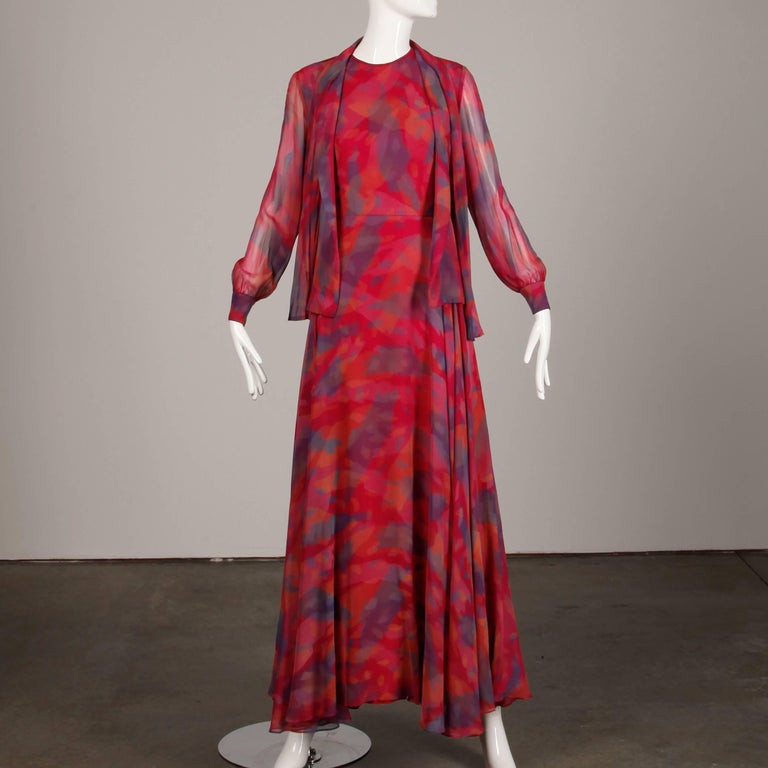 Rona Watercolor Chiffon Maxi Dress / Gown and Ascot Jacket 2 pc Ensemble,  1970s at 1stDibs