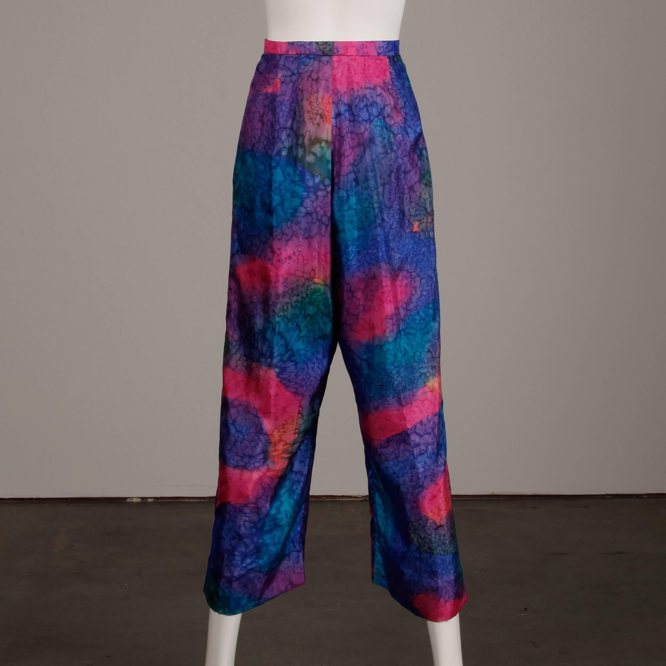 Purple 1980s Vintage Hand Dip Dyed Day-Glow Neon Rainbow Cropped Silk Trousers or Pants For Sale
