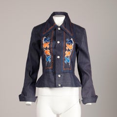 1970s Vintage Hippie Denim Jean Jacket with Orange + Blue Bird Embroidery
