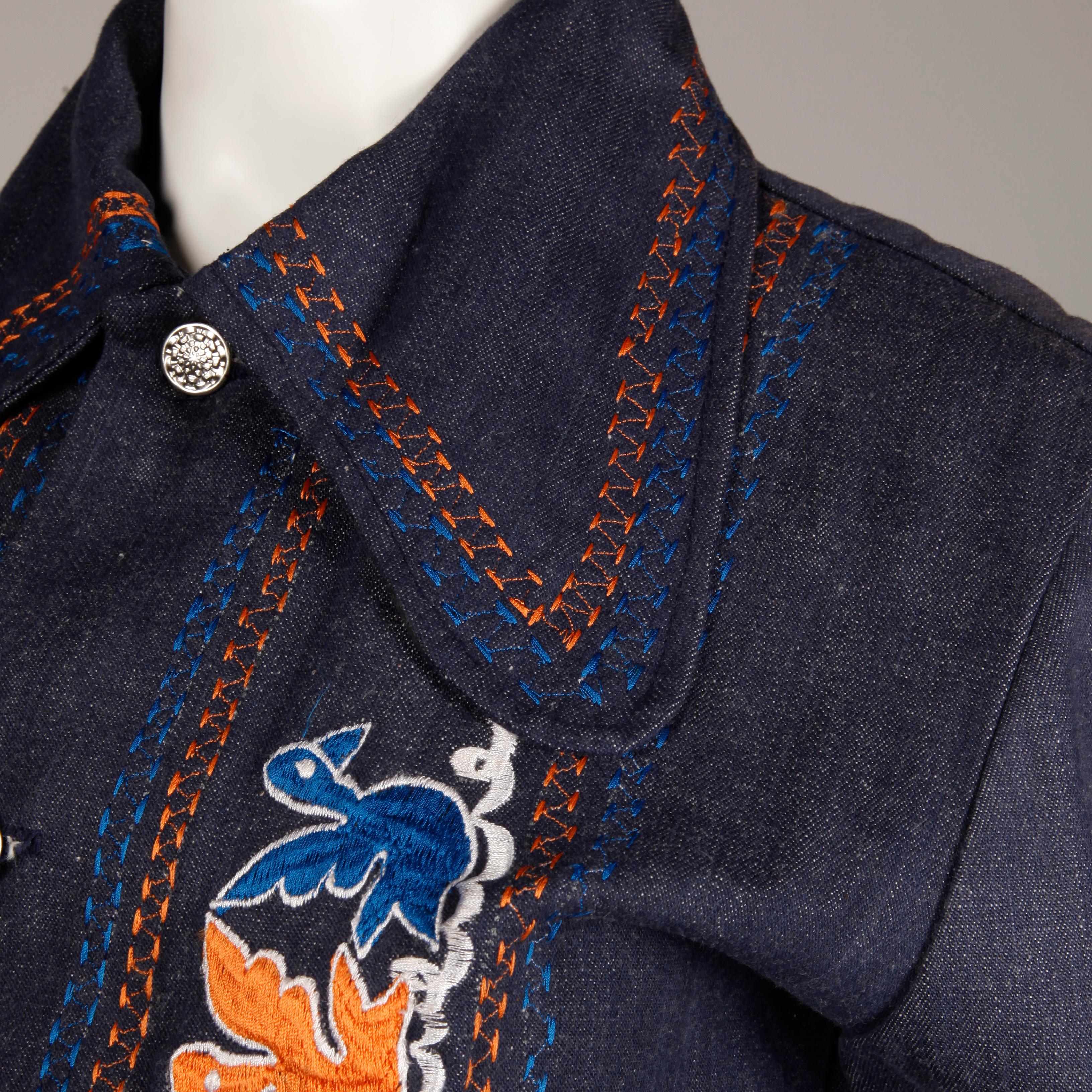 Black 1970s Vintage Hippie Denim Jean Jacket with Orange + Blue Bird Embroidery