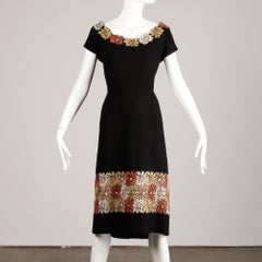 1950s Vintage Wool Scoop Neck Cocktail Dress with Metallic Floral Embroidery